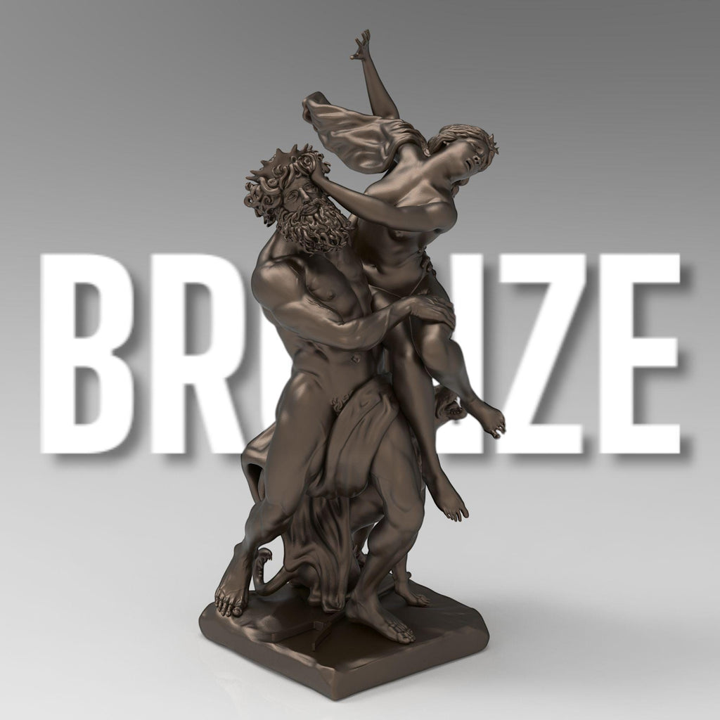 A detailed 3D sculpture of &quot;The Rape of Proserpina,&quot; depicting Pluto forcefully abducting Proserpina. The dramatic pose captures movement, with Proserpina reaching out in distress, Pluto gripping her firmly, and Cerberus at their feet.