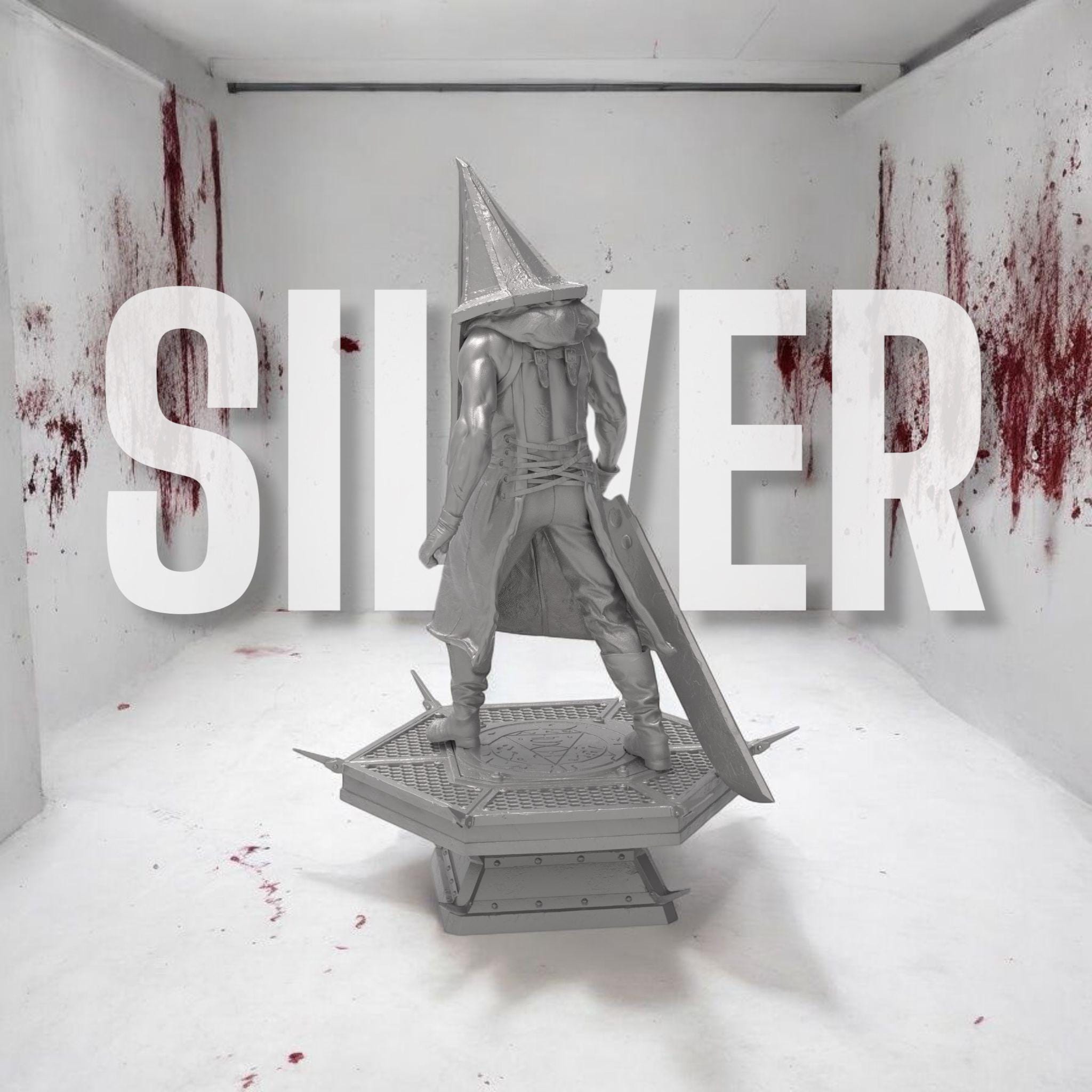 A menacing figure stands on a spiked platform, clad in a long, tattered robe with a massive pyramid-shaped helmet. He grips a large, rusted blade, exuding an aura of terror. Shadows stretch behind him, amplifying his ominous presence.