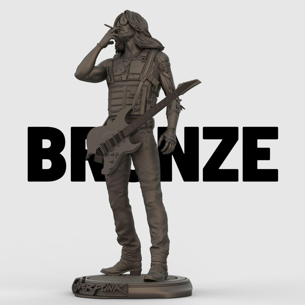Highly detailed Johnny collectible statue inspired by Cyberpunk, featuring the iconic rocker with cybernetic arm, tactical vest, and electric guitar slung across his body. Posed mid-smoke on a stylized base. Available in full color, gold, silver, bronze, Stone Gray, Walnut finishes for striking display options.