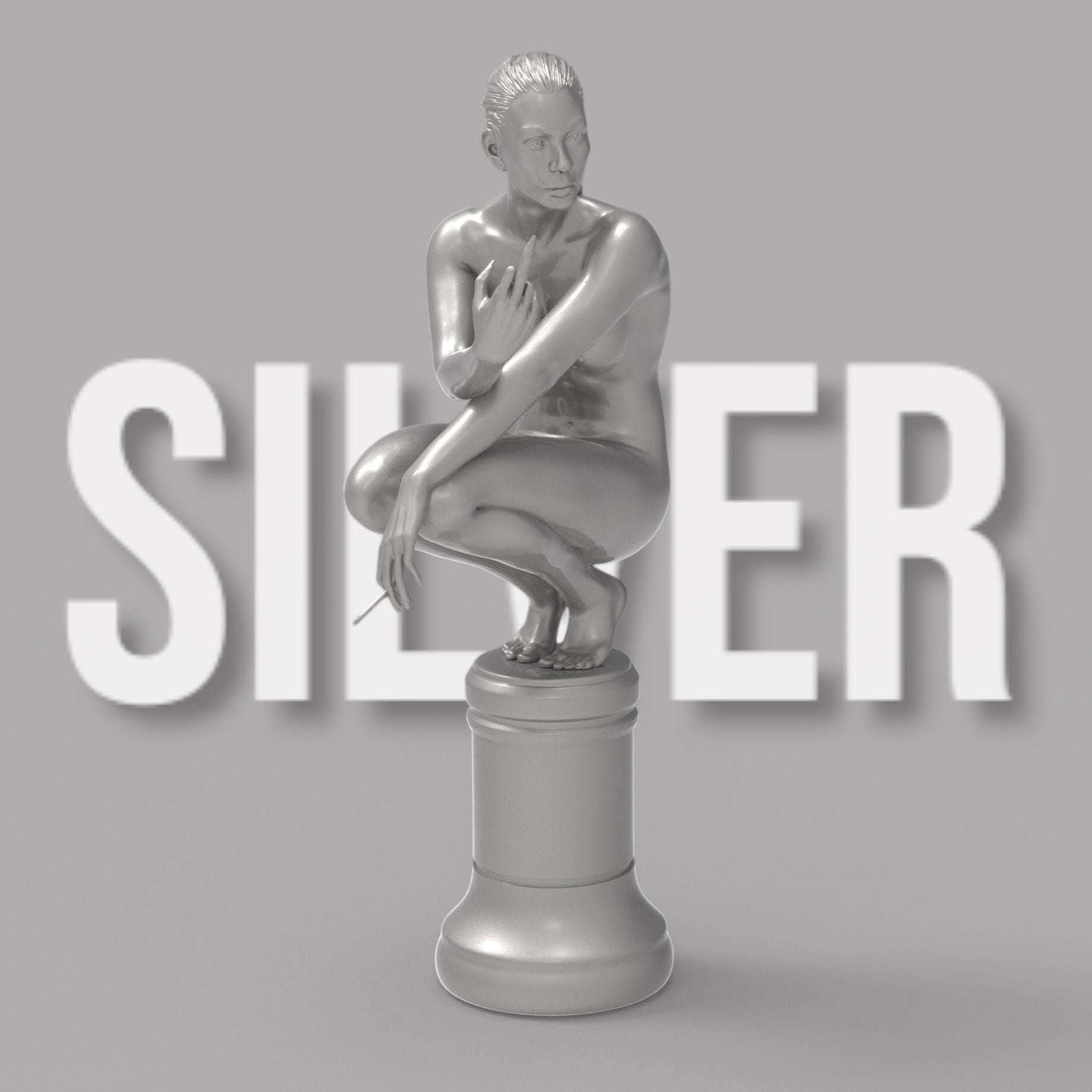 A nude woman squats on a chess piece pedestal, flipping her middle finger while holding a cigarette. Her defiant expression blends classical and modern art styles.