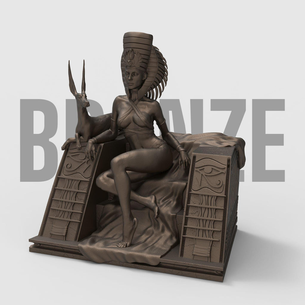 A majestic sculpture of Cleopatra seated in grace with two feline guardians at her side. Rich in Egyptian symbolism and detail, this piece evokes the mystery, power, and allure of ancient royalty. Perfect for collectors of historical or mythological art.