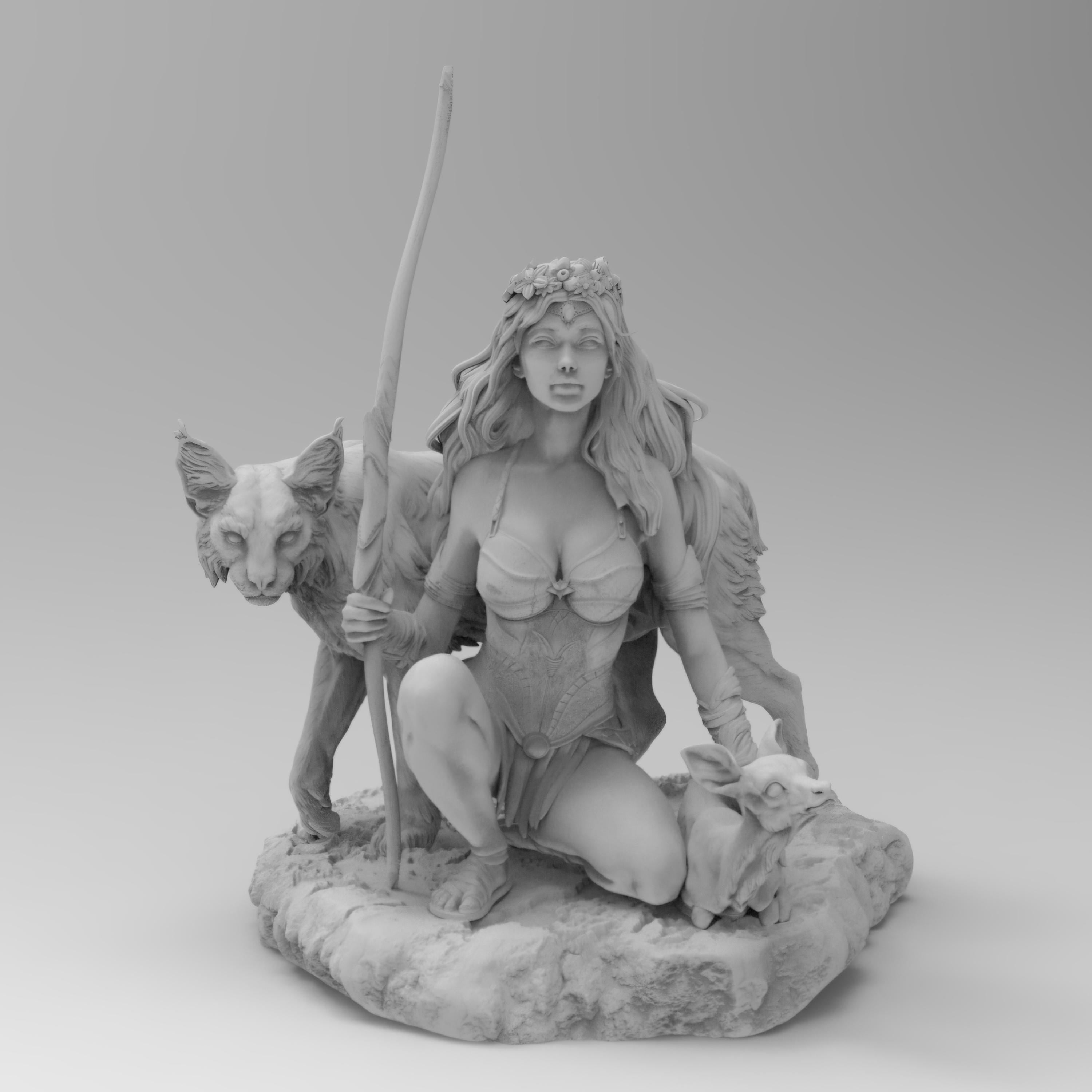 Detailed statue of Artemis kneeling with a spear, accompanied by a wolf and a fawn, set on a rocky base. She wears a floral crown and intricate armor, embodying a goddess of the hunt and nature.