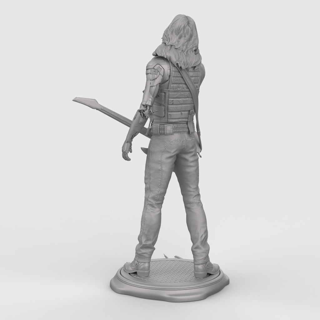 Highly detailed Johnny collectible statue inspired by Cyberpunk, featuring the iconic rocker with cybernetic arm, tactical vest, and electric guitar slung across his body. Posed mid-smoke on a stylized base. Available in full color, gold, silver, bronze, Stone Gray, Walnut finishes for striking display options.