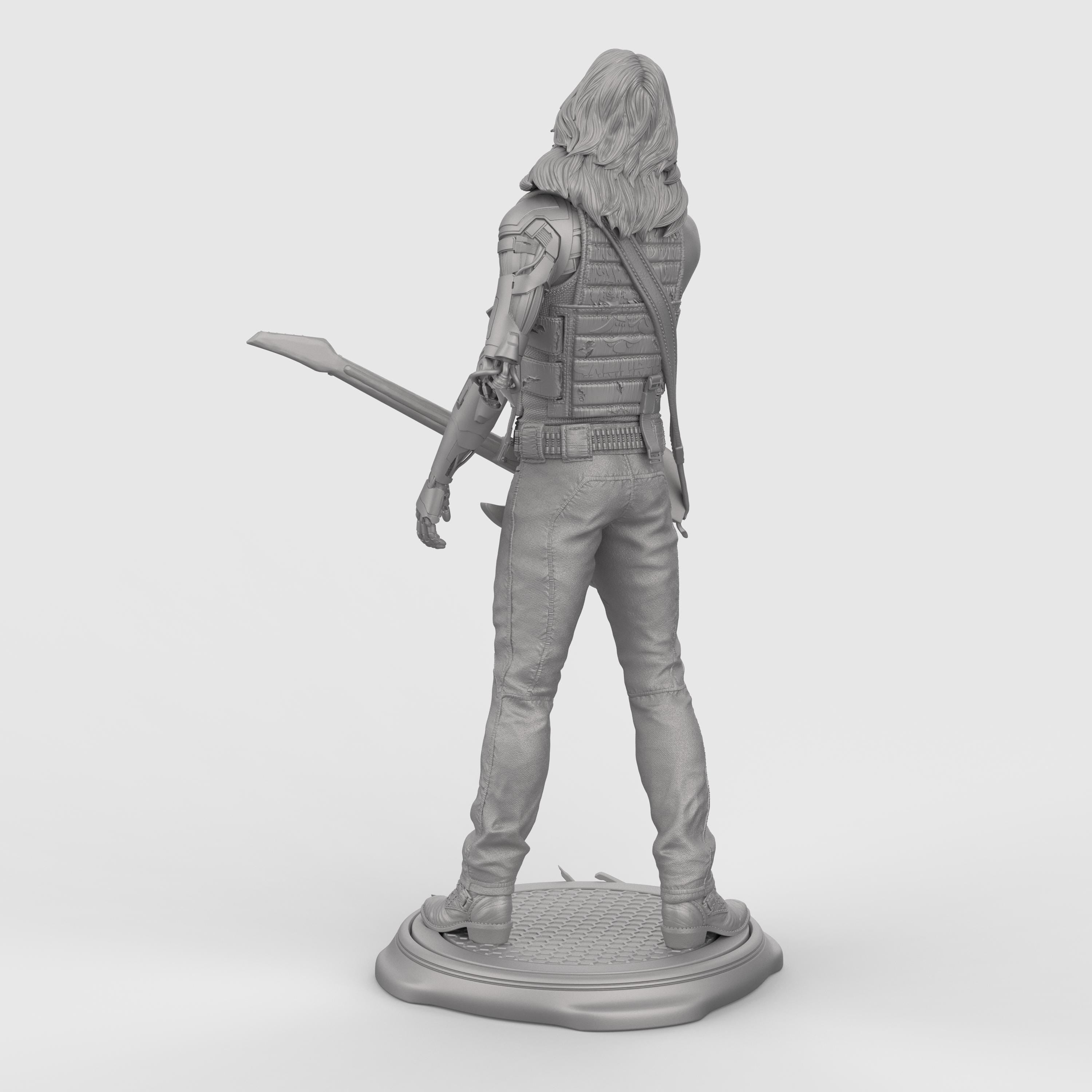 Highly detailed Johnny collectible statue inspired by Cyberpunk, featuring the iconic rocker with cybernetic arm, tactical vest, and electric guitar slung across his body. Posed mid-smoke on a stylized base. Available in full color, gold, silver, bronze, Stone Gray, Walnut finishes for striking display options.