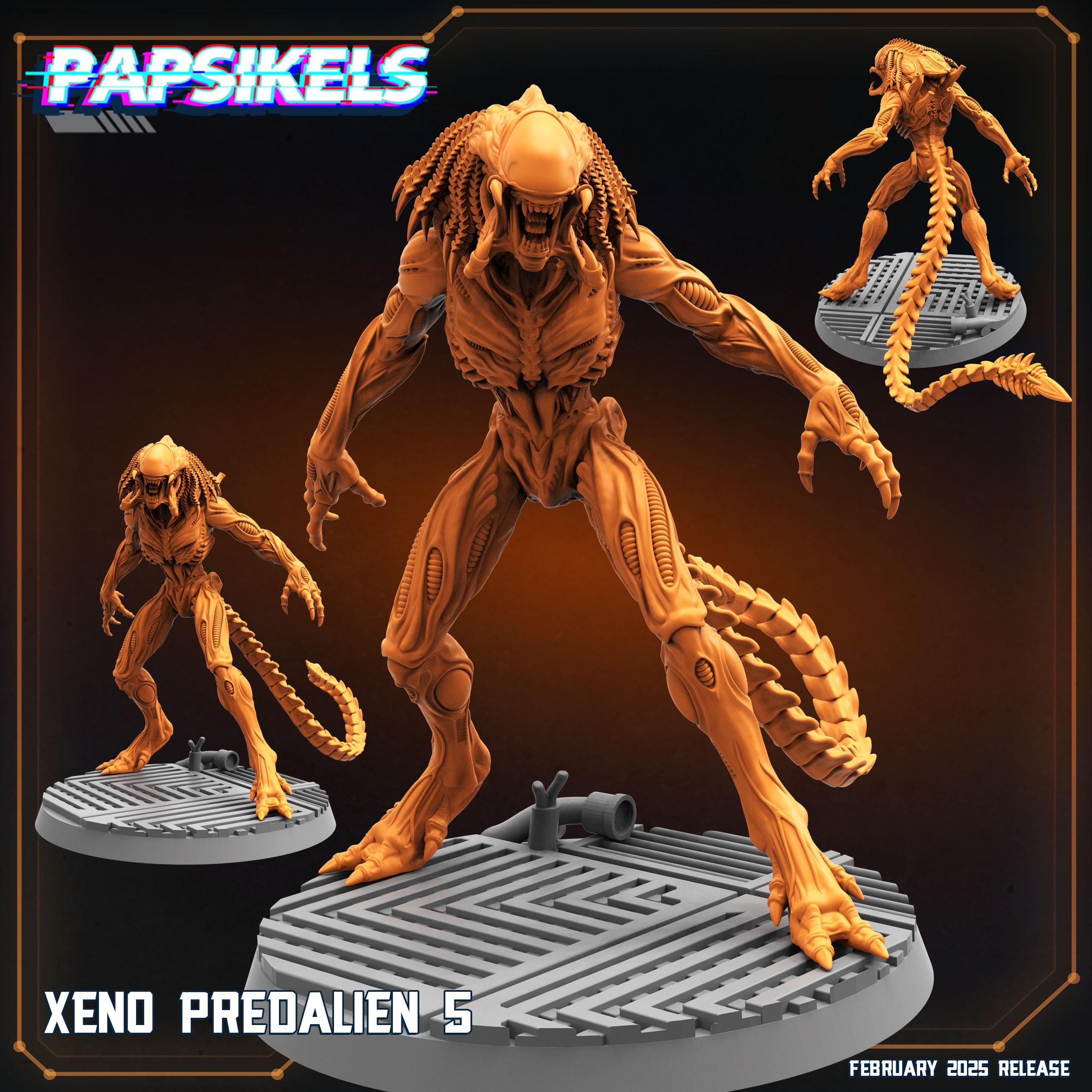 A terrifying alien creature with an elongated head, sharp claws, and biomechanical details, standing on a sci-fi platform. Its powerful stance and menacing posture make it a formidable figure, perfect for RPG or tabletop games.