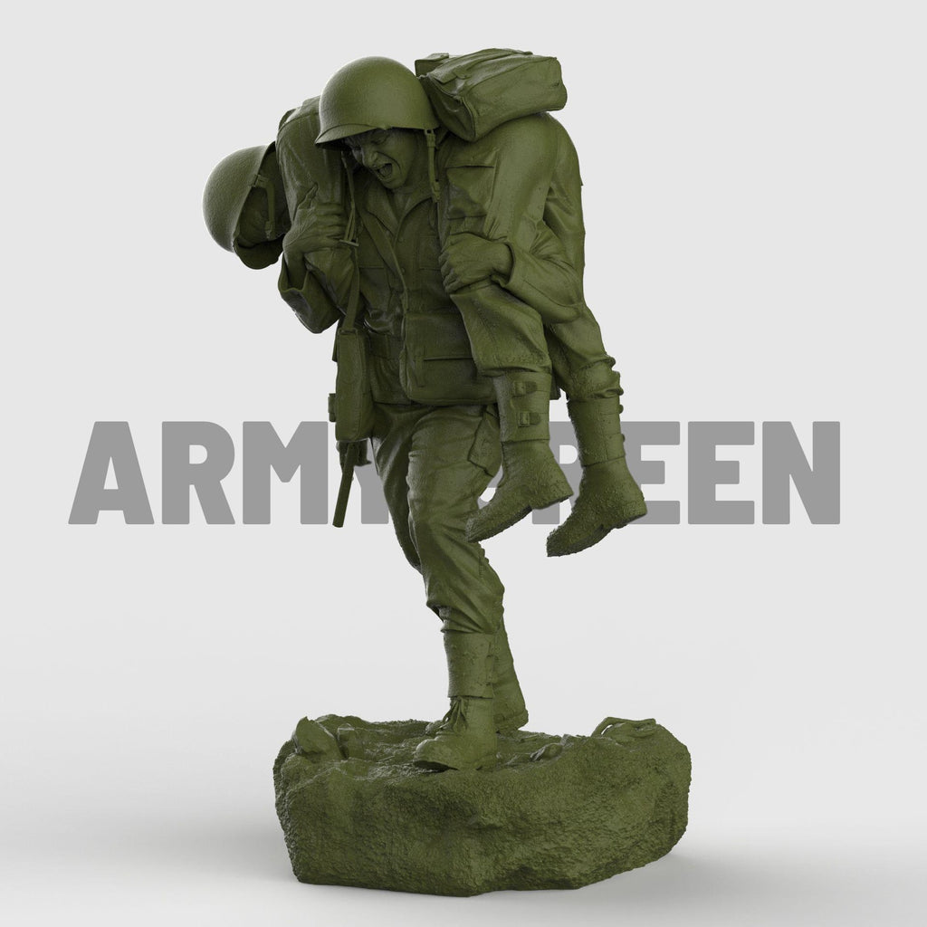 Detailed 3D-printed statue of a WWII soldier carrying a wounded comrade on his back, symbolizing courage, sacrifice, and brotherhood in battle. The figure is set on a rocky base, capturing raw emotion and heroic realism.
