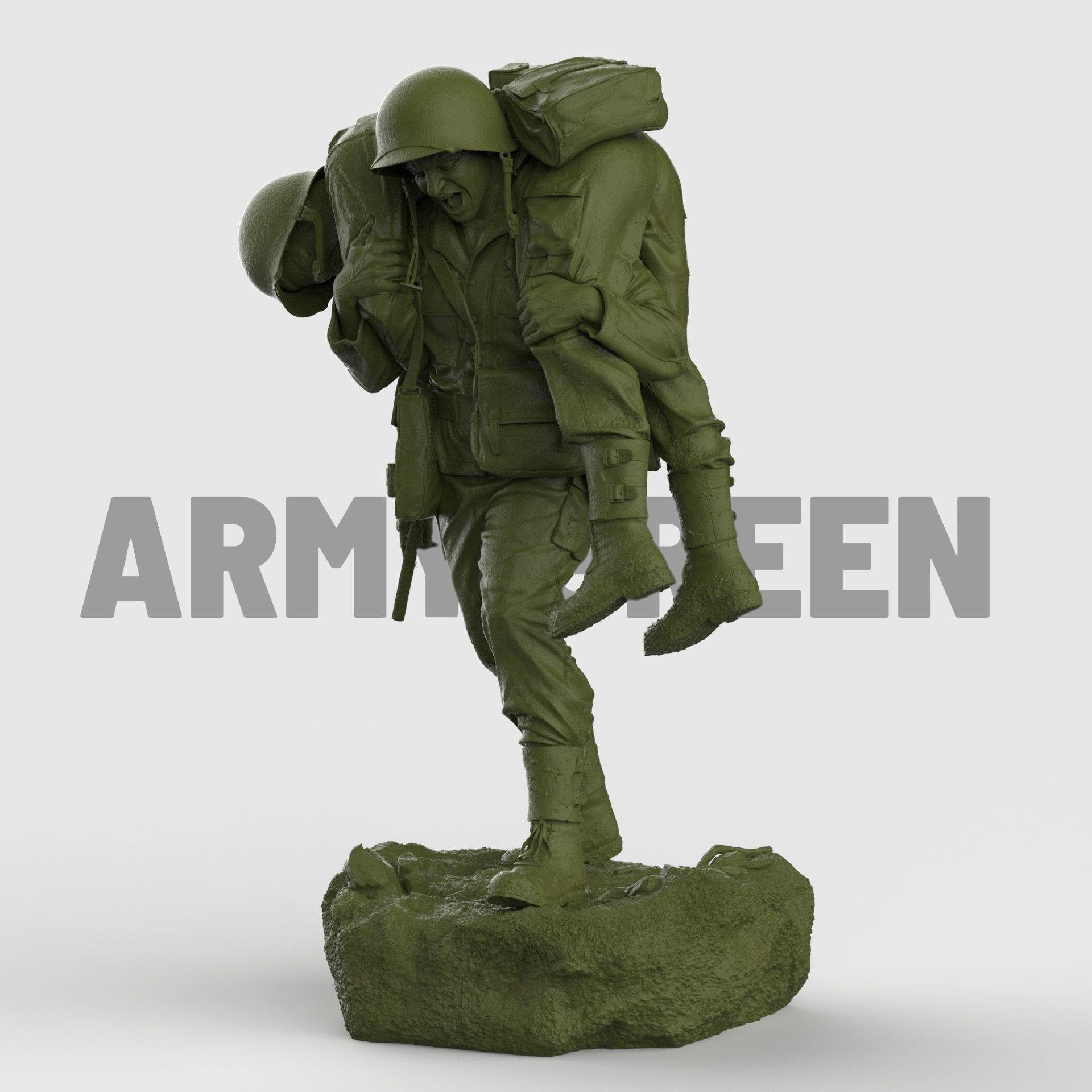 Detailed 3D-printed statue of a WWII soldier carrying a wounded comrade on his back, symbolizing courage, sacrifice, and brotherhood in battle. The figure is set on a rocky base, capturing raw emotion and heroic realism.