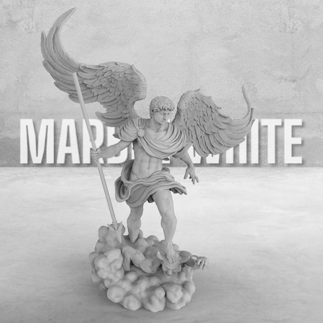 Statue of Archangel with large wings, standing over a defeated demon. Holding a spear, he wears a flowing robe. The base has swirling clouds, symbolizing divinity. Available in multiple finishes.
