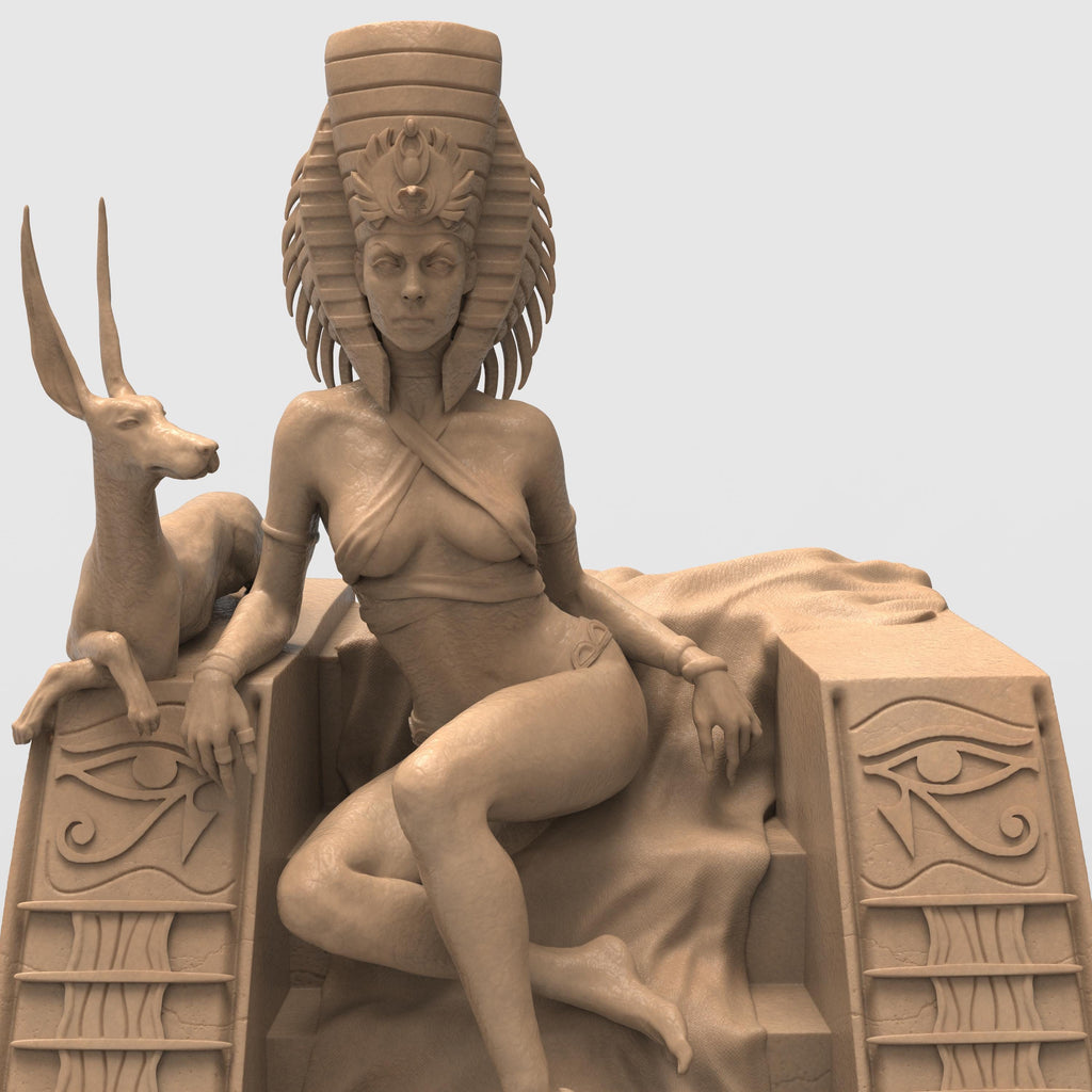 A majestic sculpture of Cleopatra seated in grace with two feline guardians at her side. Rich in Egyptian symbolism and detail, this piece evokes the mystery, power, and allure of ancient royalty. Perfect for collectors of historical or mythological art.