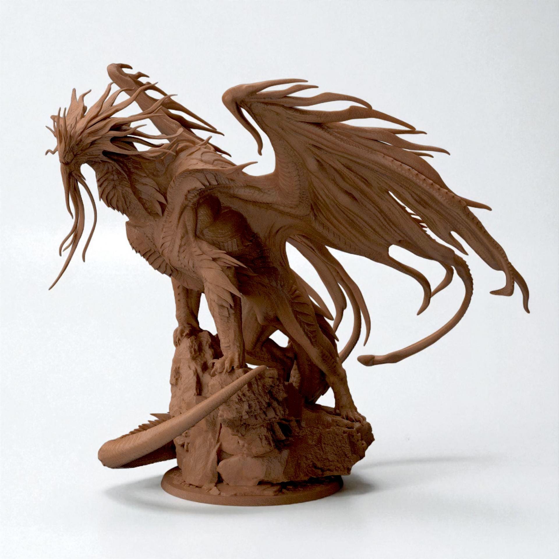 3D-printed Dragon Bahamut figurine featuring an awe-inspiring mythical dragon perched on a rocky base. The sculpture showcases flowing wing membranes, sharp scales, and a dynamic pose that radiates strength and majesty — a centerpiece piece for fantasy collectors and dragon enthusiasts alike.