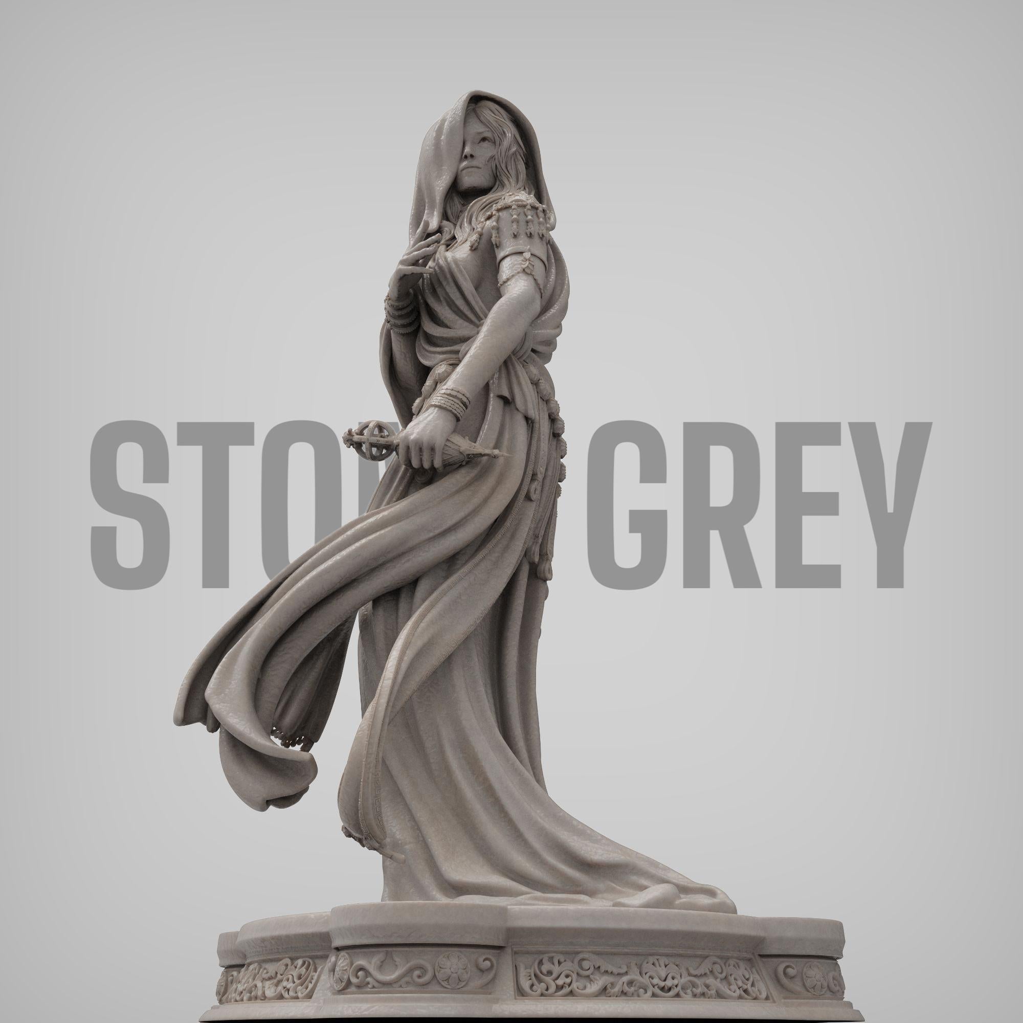 Klotho the Moirai, the spinner of fate, is captured here in an elegant and mysterious pose, cloaked in flowing robes and holding the thread of destiny. This highly detailed sculpture embodies grace, power, and mythic allure—perfect for collectors of fantasy art, mythology, and Greek legends.