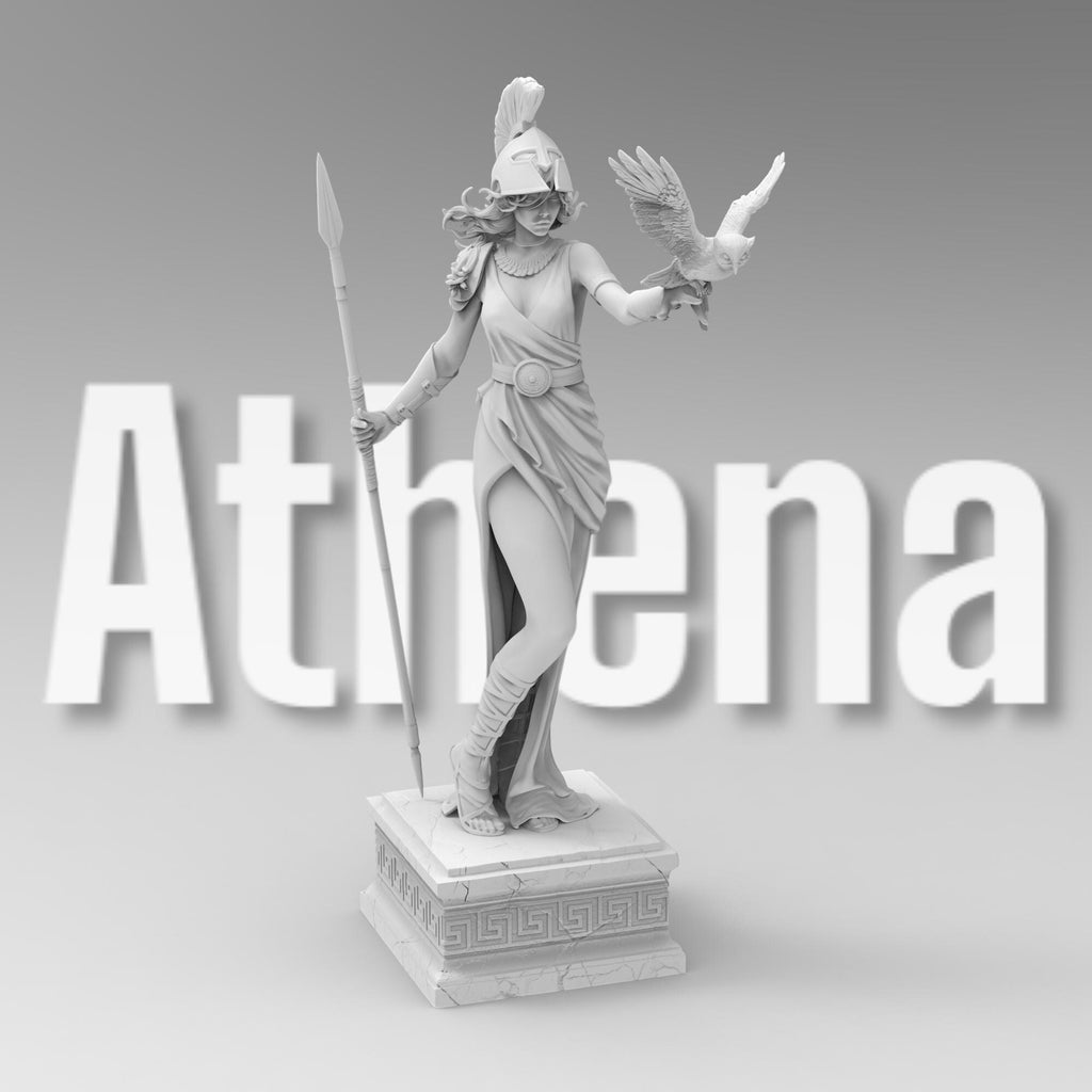 Statue of Athena, the Greek goddess of wisdom, featuring a detailed helmet, flowing robe, spear, and an owl perched on her arm, standing gracefully on a decorative pedestal.