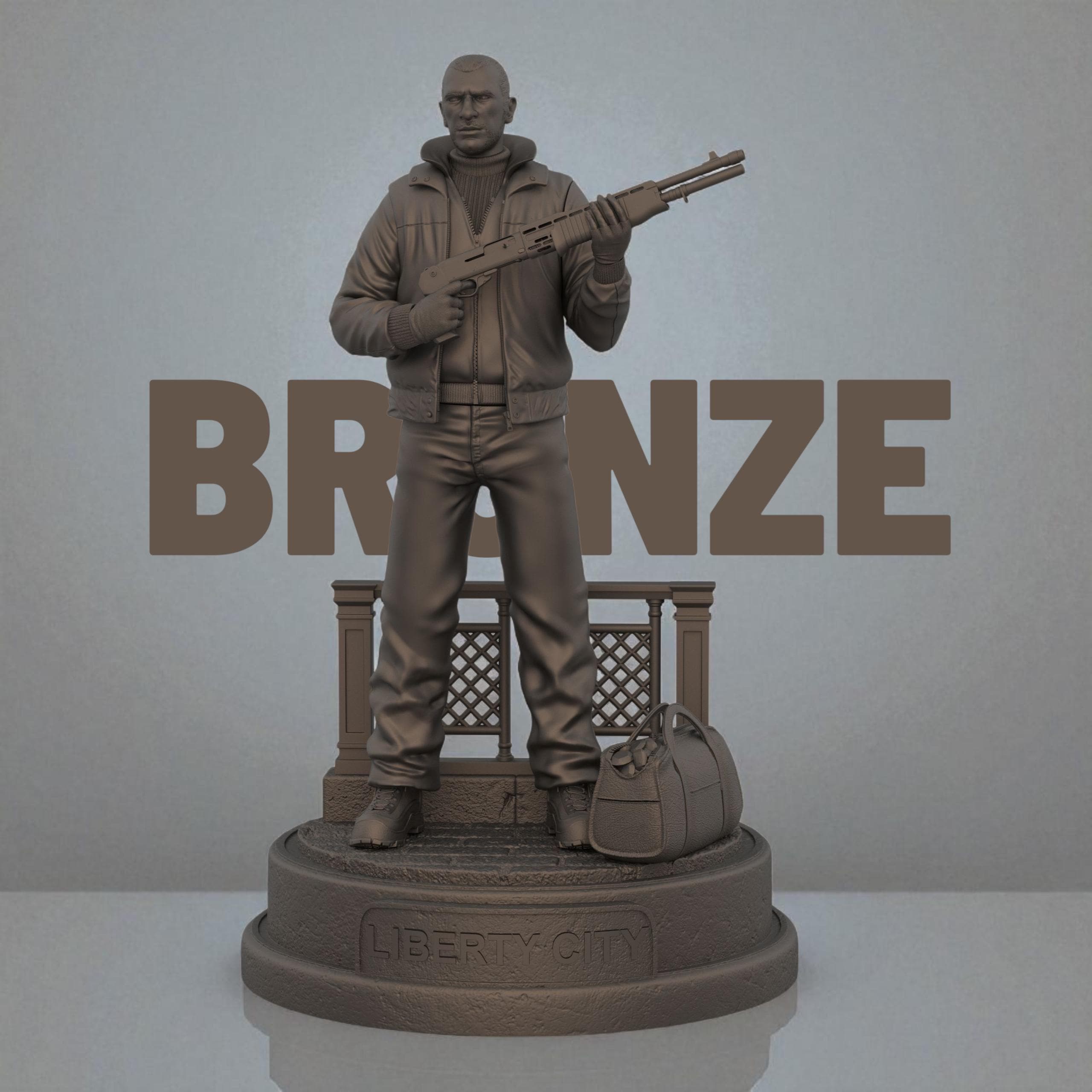Highly detailed 3D-printed figurine of a rugged man holding a shotgun, standing confidently on a circular base marked with “Liberty City,” accompanied by a duffel bag and fence detail, perfect for collectors.