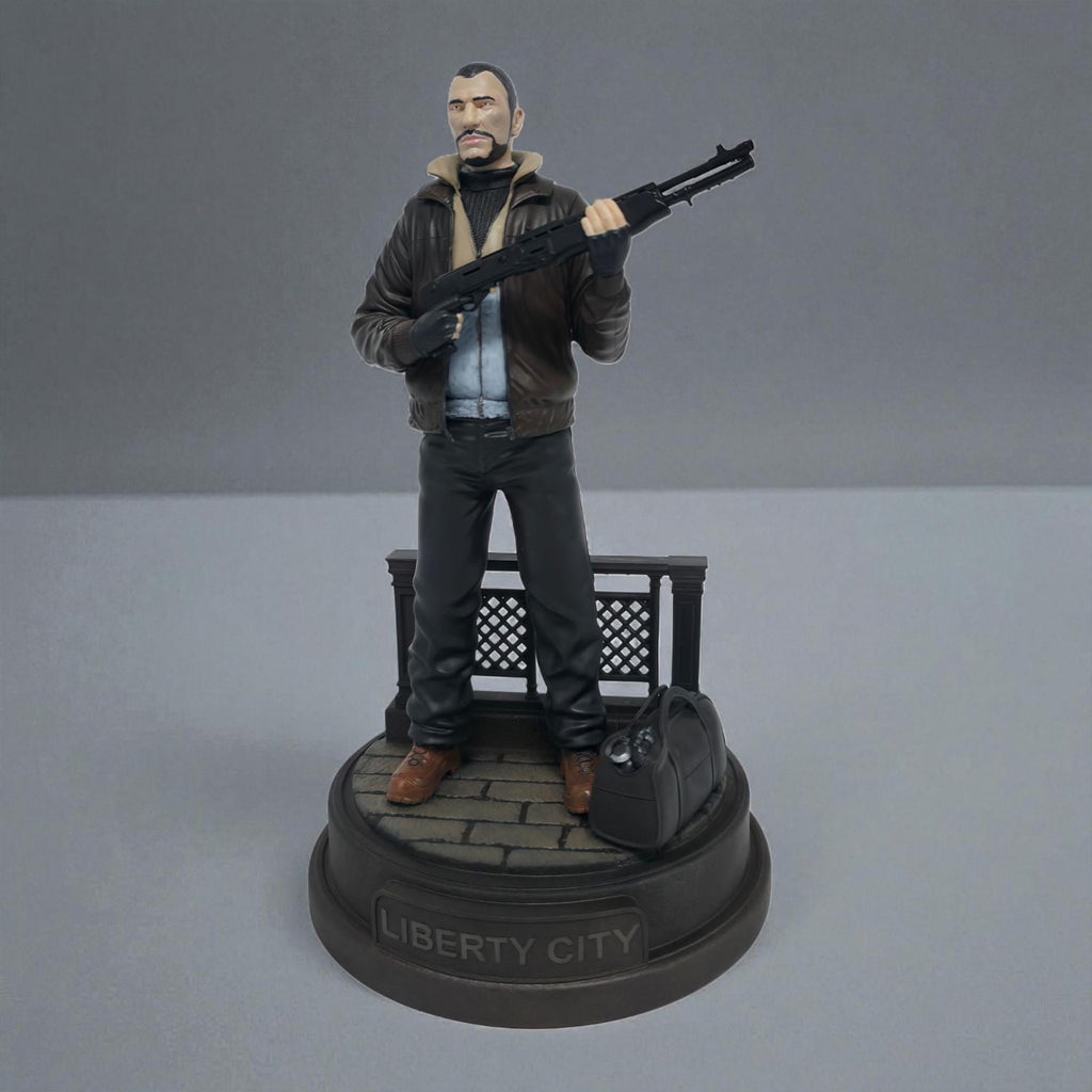 Highly detailed 3D-printed figurine of a rugged man holding a shotgun, standing confidently on a circular base marked with “Liberty City,” accompanied by a duffel bag and fence detail, perfect for collectors.