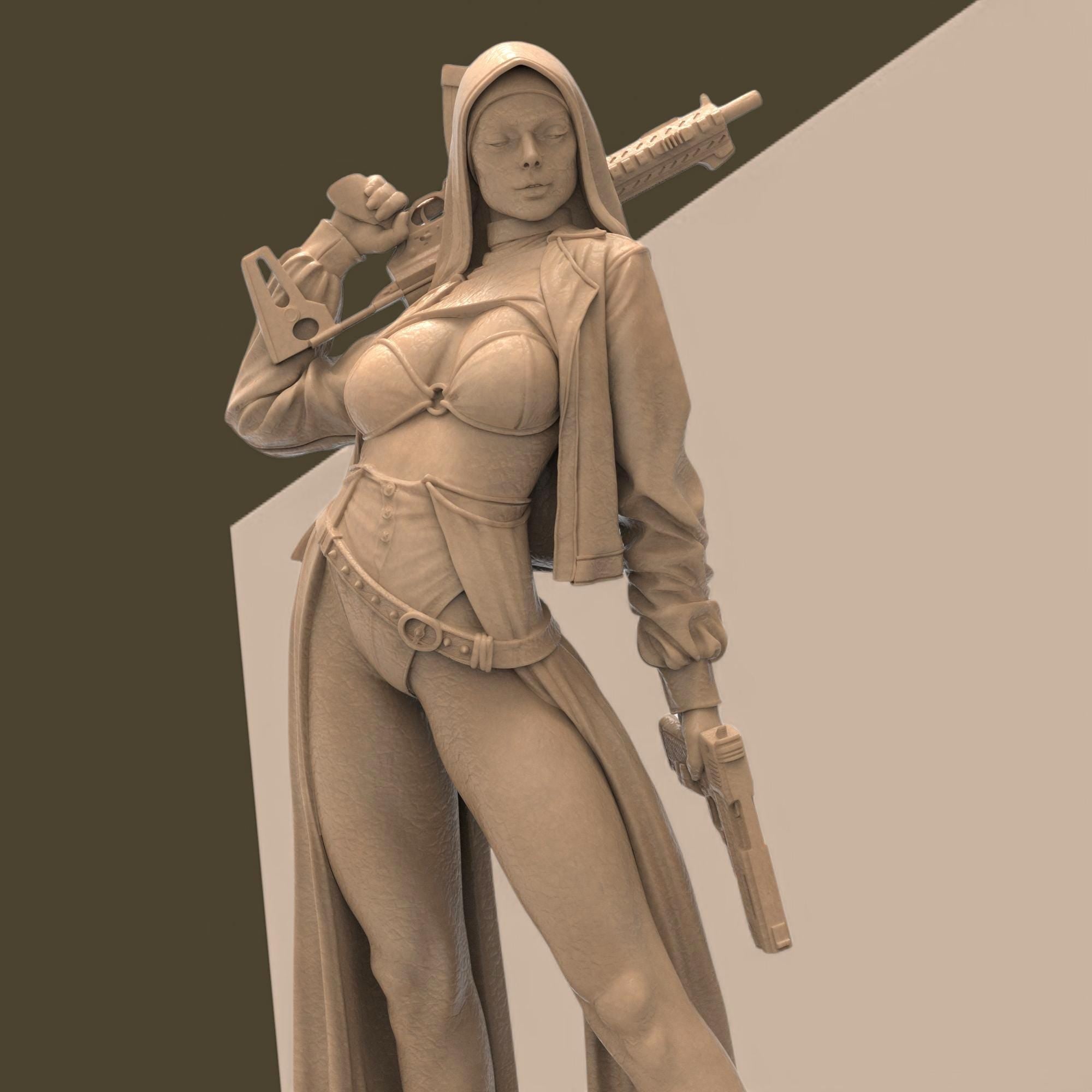 Armed and divine, the Nun with Gun stands tall with tactical heels, hooded cloak, and dual firepower. A bold blend of holiness and havoc—equal parts protector and punisher. Perfect for collectors who like their saints with a side of firepower.