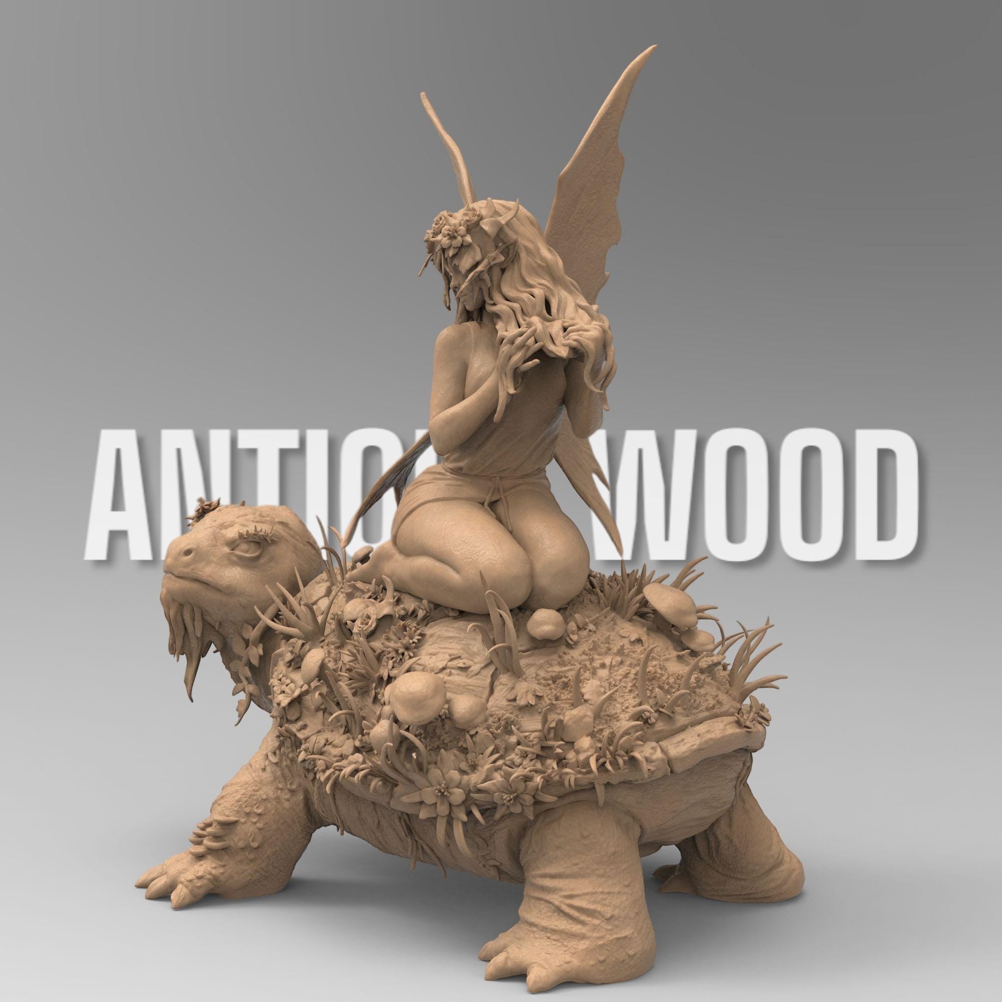 A delicate fairy with flowing hair and floral accessories sits atop a large turtle covered in lush vegetation. She gracefully plays with her hair, her translucent wings extending behind her. The turtle's wise expression adds to the enchanting scene.