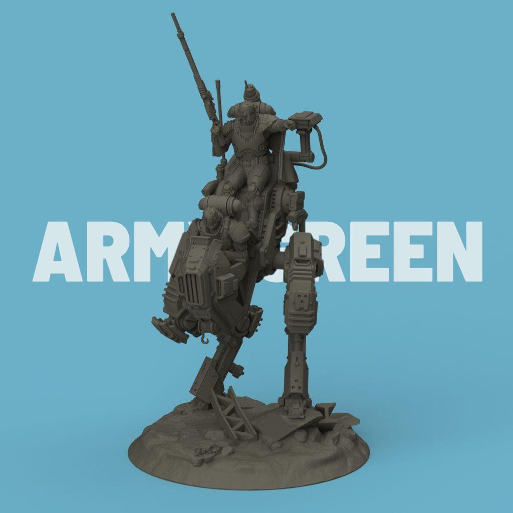 3D-printed model of the Vendetta Deathmark, featuring a futuristic mech walker piloted by armored soldiers. The detailed design includes mechanical limbs, weapon mounts, and a rugged battlefield base, perfect for sci-fi collectors and tabletop gaming enthusiasts.