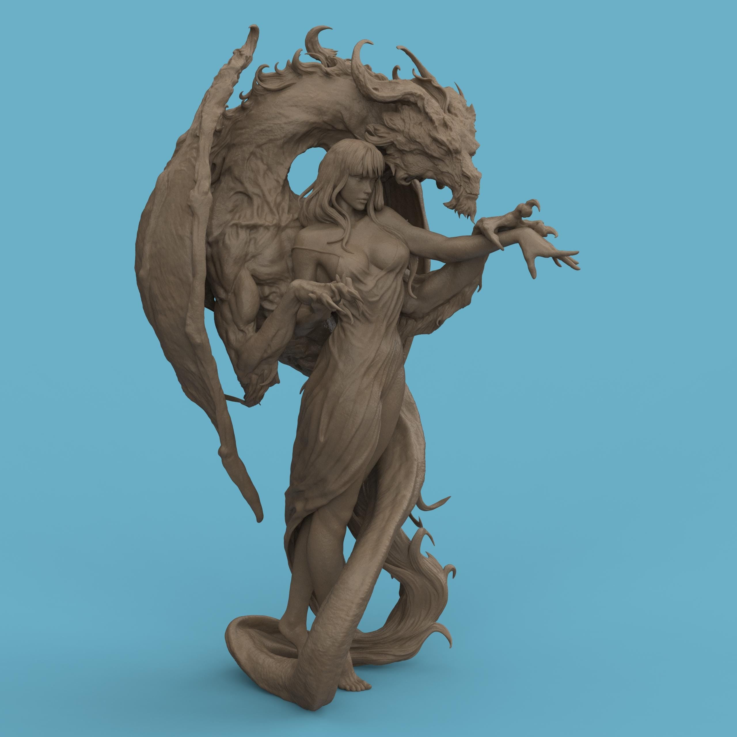 3D-printed Dragon Lady figurine featuring an elegant woman entwined with a majestic dragon. The sculpture blends beauty and power, with intricate textures on the dragon’s wings and scales, and flowing details in the woman’s hair and dress — a captivating fantasy centerpiece symbolizing harmony between strength and grace.