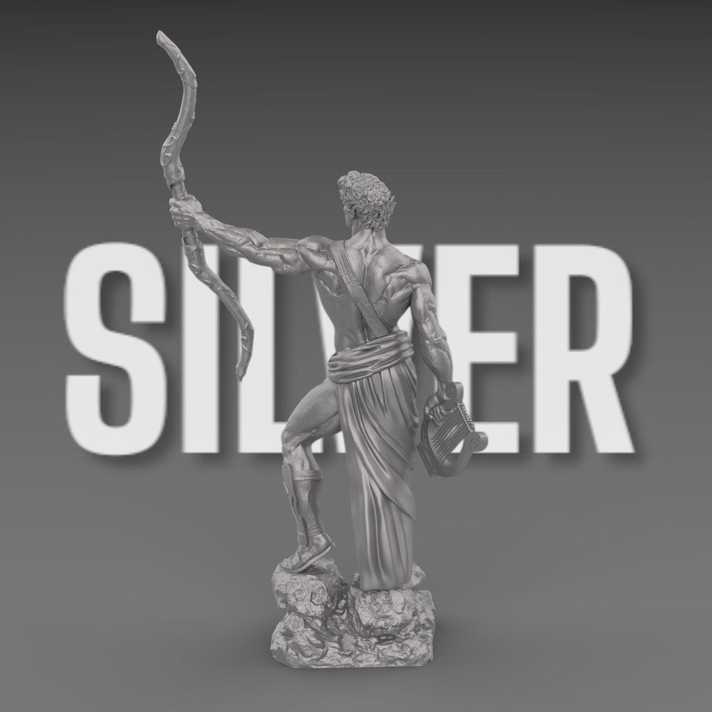 Apollo statue with a bow and lyre, wearing a laurel wreath and draped garment. His heroic stance and muscular form embody divine strength and grace.