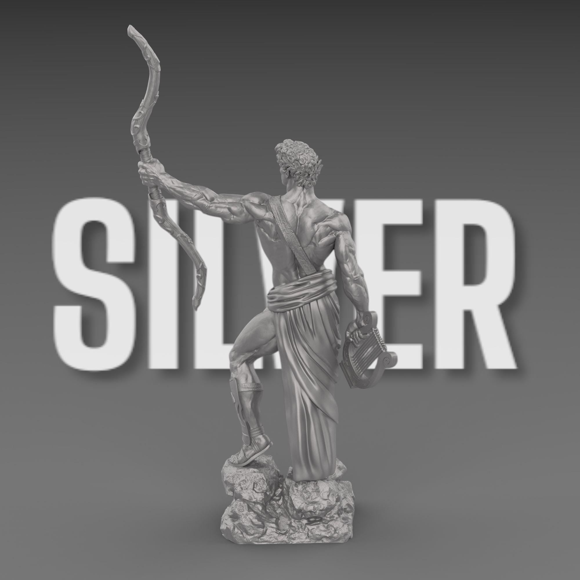 Apollo statue with a bow and lyre, wearing a laurel wreath and draped garment. His heroic stance and muscular form embody divine strength and grace.