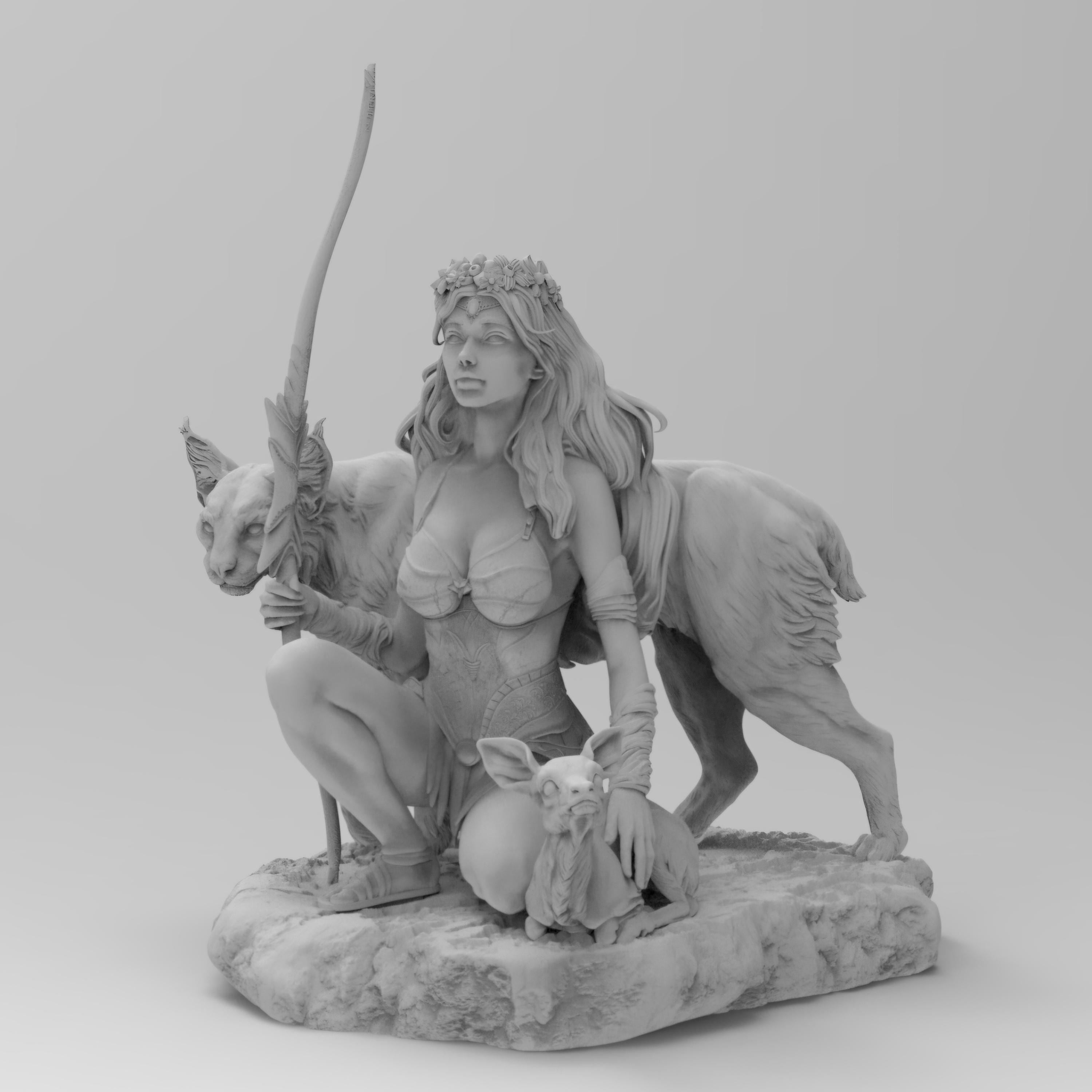 Detailed statue of Artemis kneeling with a spear, accompanied by a wolf and a fawn, set on a rocky base. She wears a floral crown and intricate armor, embodying a goddess of the hunt and nature.