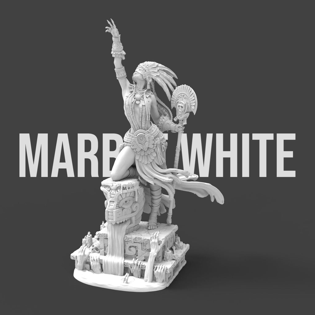 Necalin, the Priestess of Death, rises from ancient ruins, summoning forgotten powers. Clad in ceremonial armor and wielding a skull-topped staff, she channels divine wrath and spiritual dominion. This intricately detailed sculpture captures her fierce grace and mystical authority—a commanding centerpiece for any collection of mythical figures.