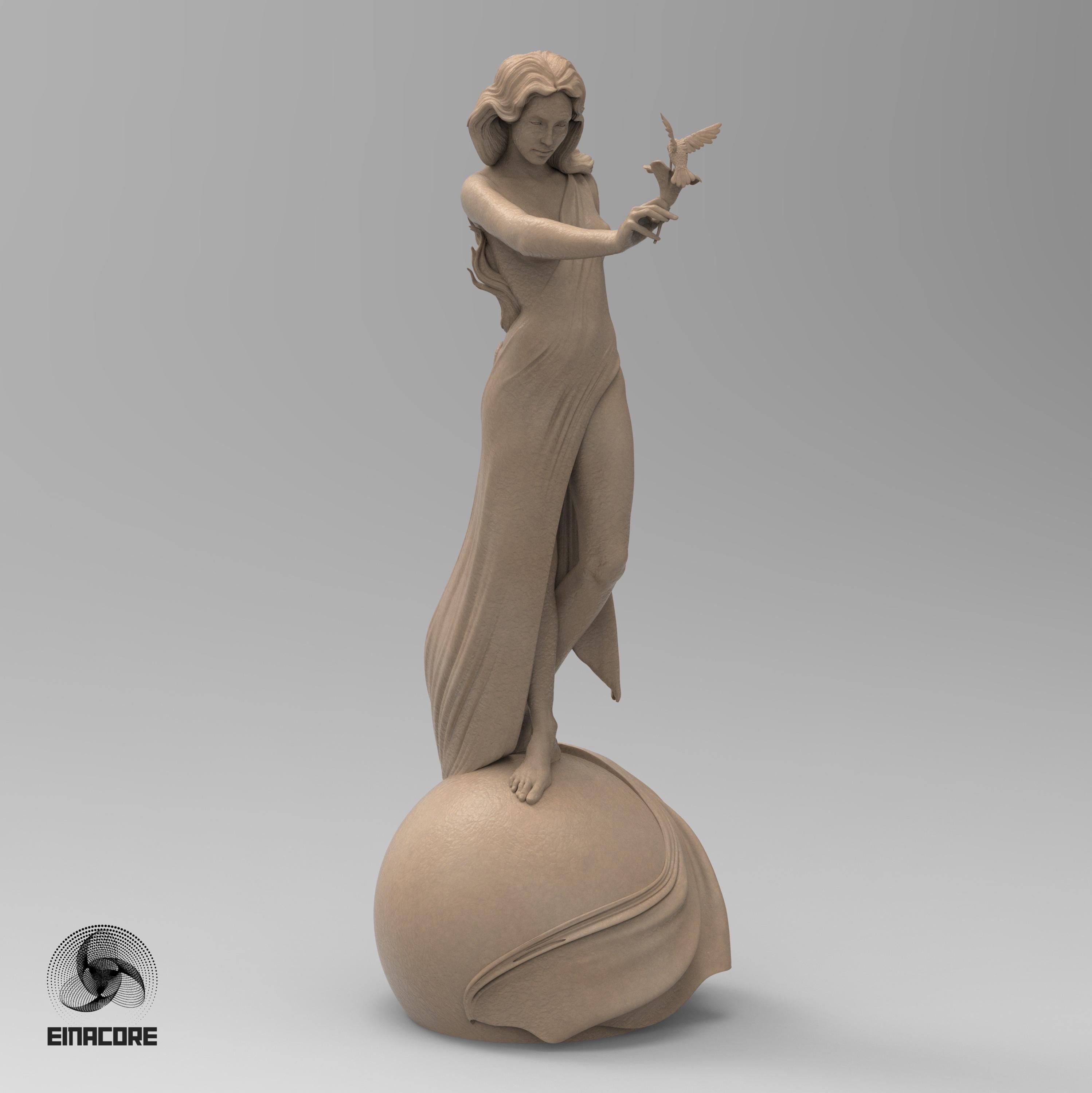 Statue of Eirene, the Goddess of Peace, featuring a serene woman with flowing hair, holding a dove. She stands gracefully on a spherical base, symbolizing harmony and balance.