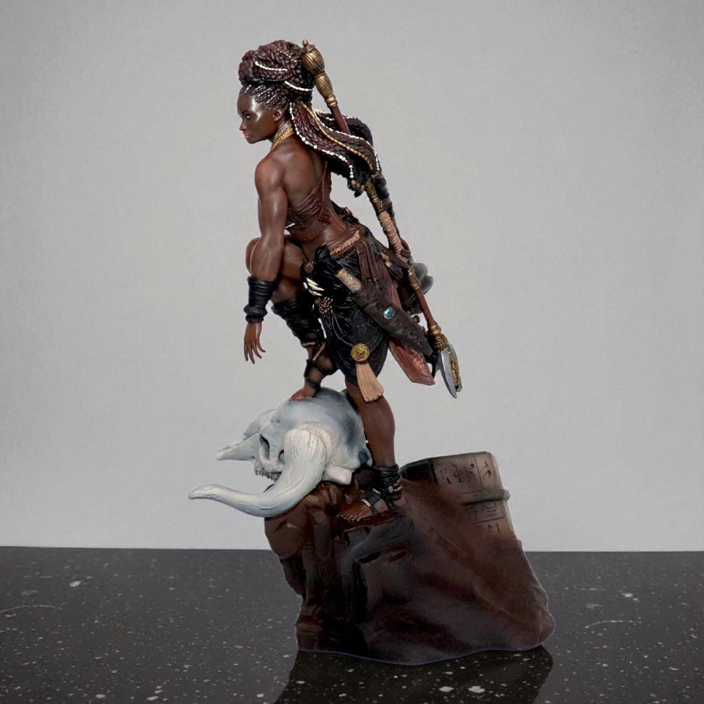 Elzebe, the Warrior Queen, stands atop a rocky skull, exuding strength and regality. Clad in intricate armor, her braided hair flows as she surveys the battlefield. A fierce leader, she embodies resilience and power, a true queen of war and legend.