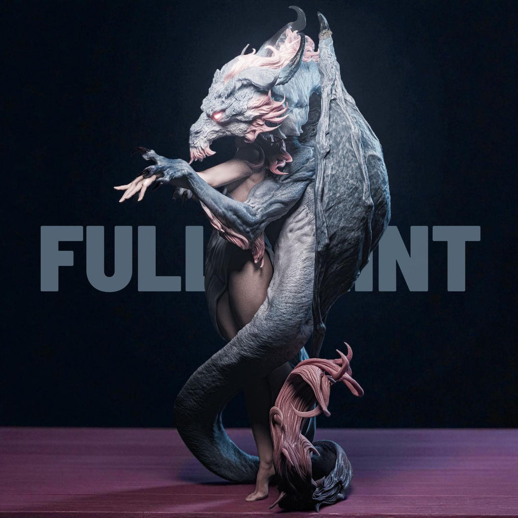 3D-printed Dragon Lady figurine featuring an elegant woman entwined with a majestic dragon. The sculpture blends beauty and power, with intricate textures on the dragon’s wings and scales, and flowing details in the woman’s hair and dress — a captivating fantasy centerpiece symbolizing harmony between strength and grace.