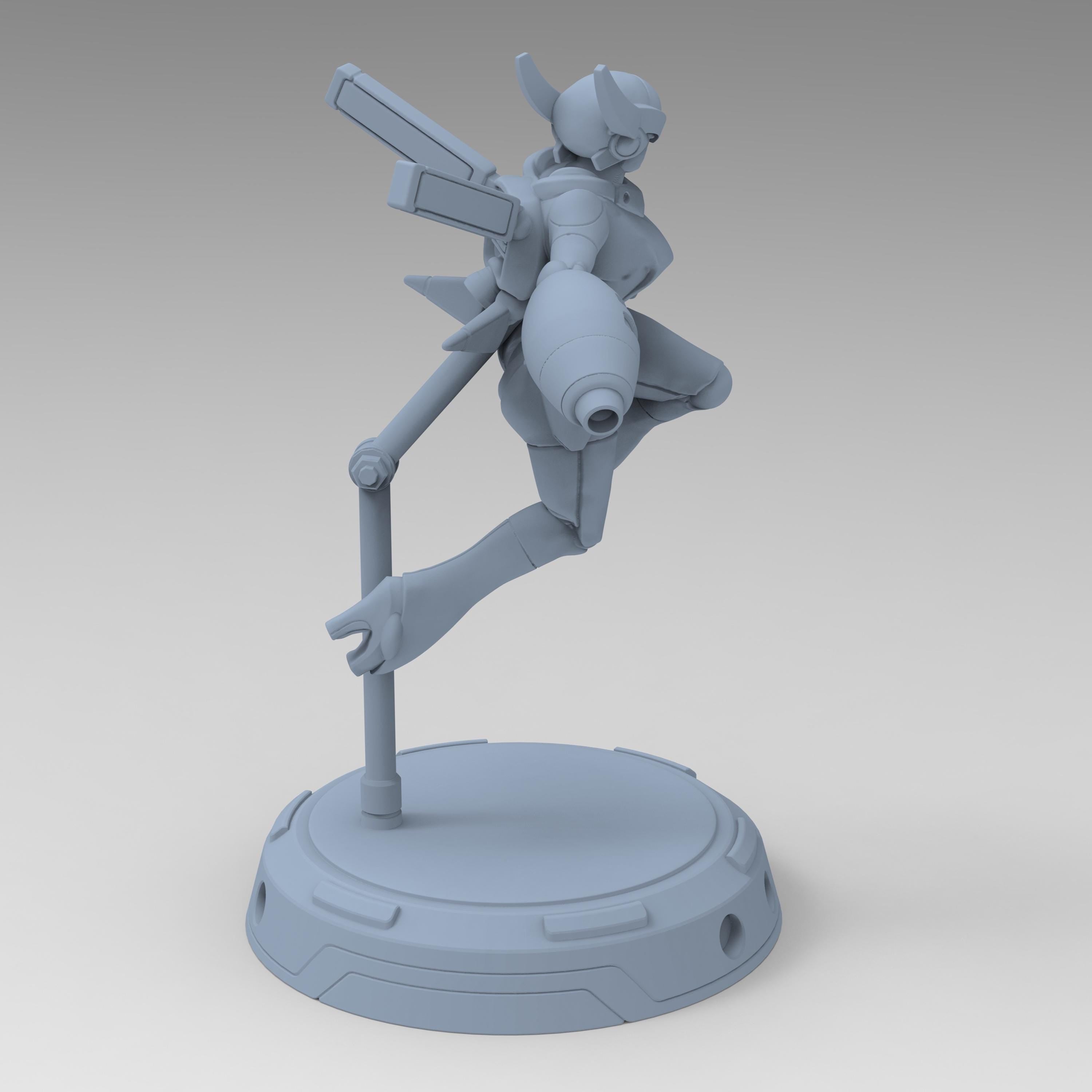 Cyberbabe Mommo, a dynamic cyberpunk warrior, soars mid-air in sleek armor with powerful gauntlets and a futuristic visor. Her agile stance and mechanical enhancements make her a striking figure for sci-fi enthusiasts and collectors.