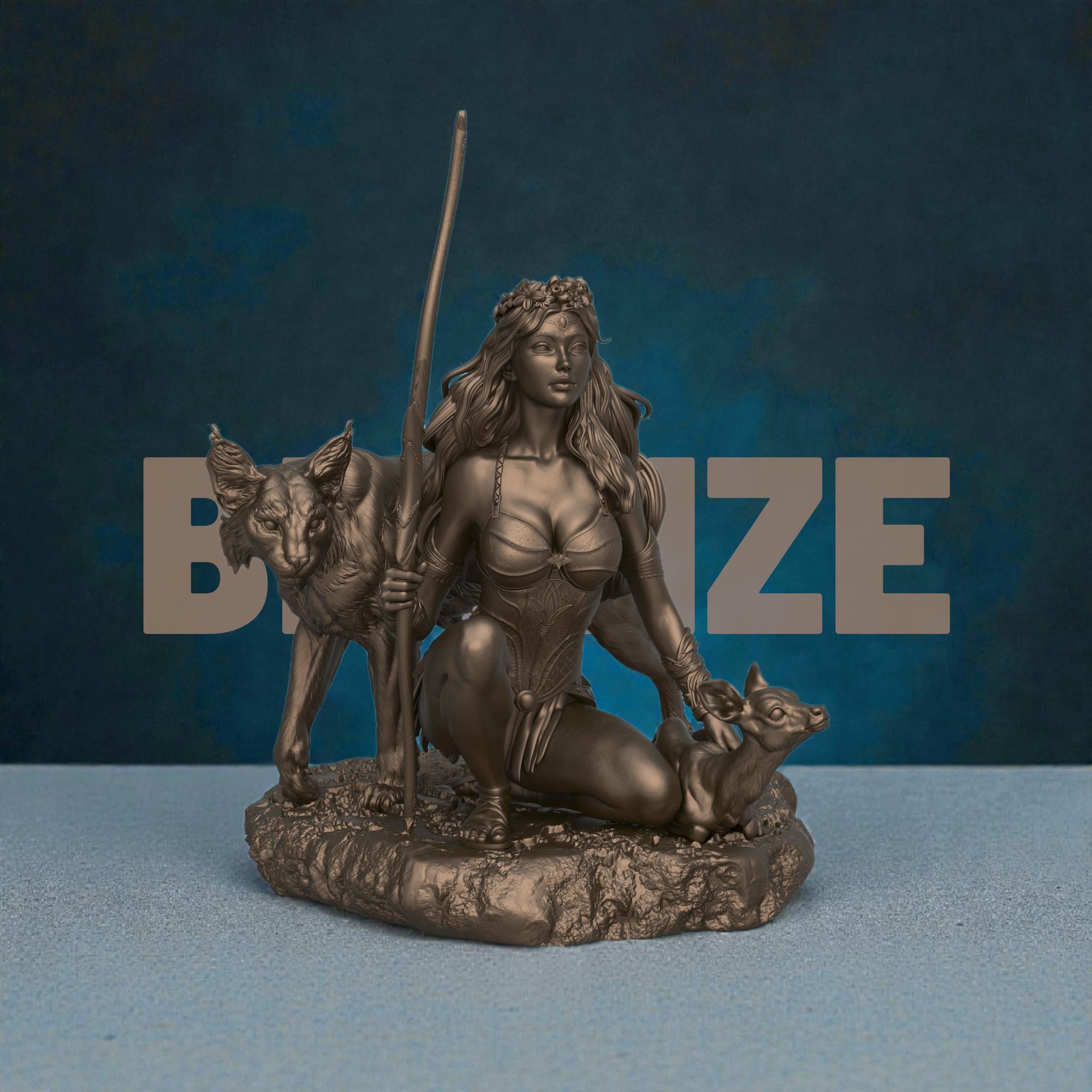 3D-printed Artemis figurine featuring a kneeling huntress goddess holding a staff, accompanied by a large wild cat and a small deer. The sculpt showcases flowing hair, detailed armor, and a natural rocky base, capturing the mythological figure’s serene yet powerful presence.