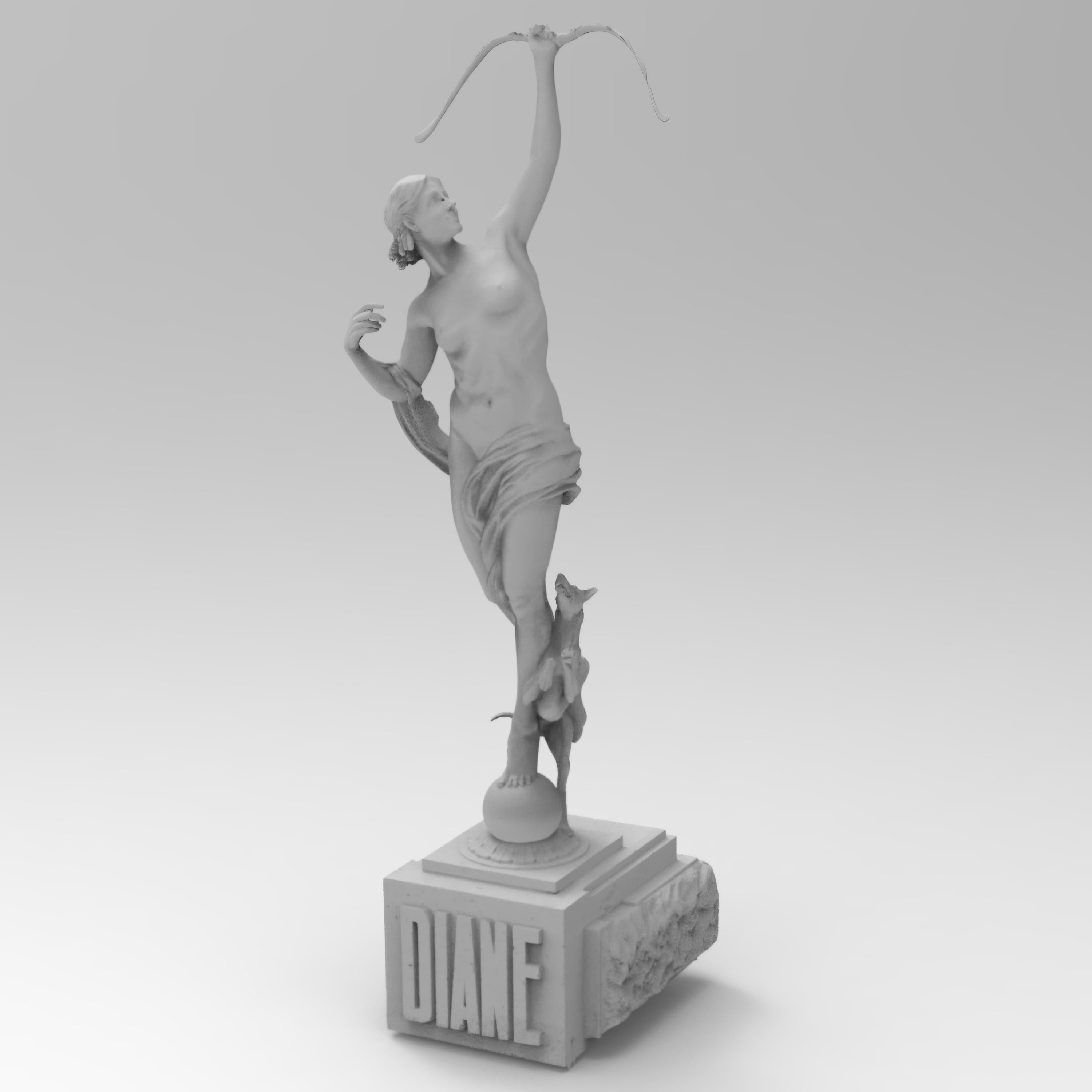 Diana the Huntress figurine showcasing a graceful pose with a bow raised high, accompanied by a deer. Intricate details highlight her elegance, available in various sizes and finishes, capturing the essence of classical mythology and artistry.