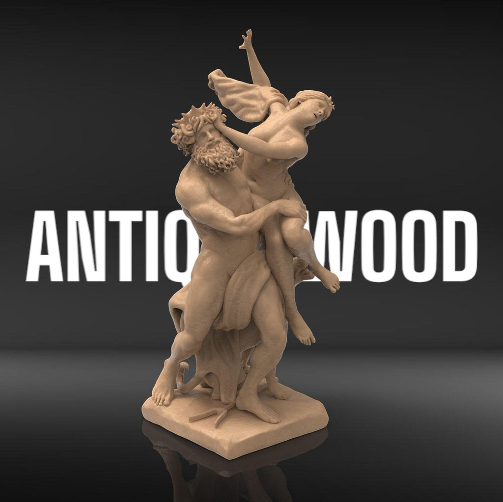 A detailed 3D sculpture of &quot;The Rape of Proserpina,&quot; depicting Pluto forcefully abducting Proserpina. The dramatic pose captures movement, with Proserpina reaching out in distress, Pluto gripping her firmly, and Cerberus at their feet.