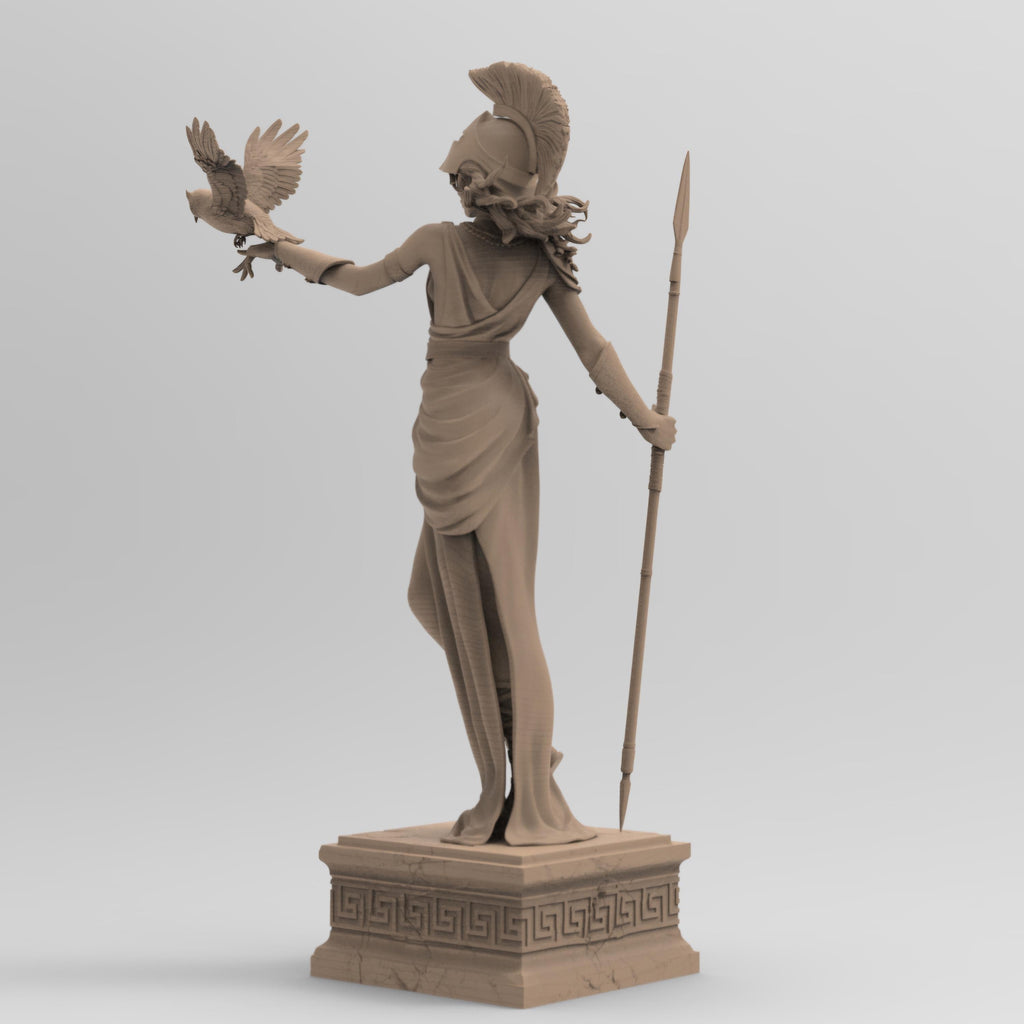 Statue of Athena, the Greek goddess of wisdom, featuring a detailed helmet, flowing robe, spear, and an owl perched on her arm, standing gracefully on a decorative pedestal.