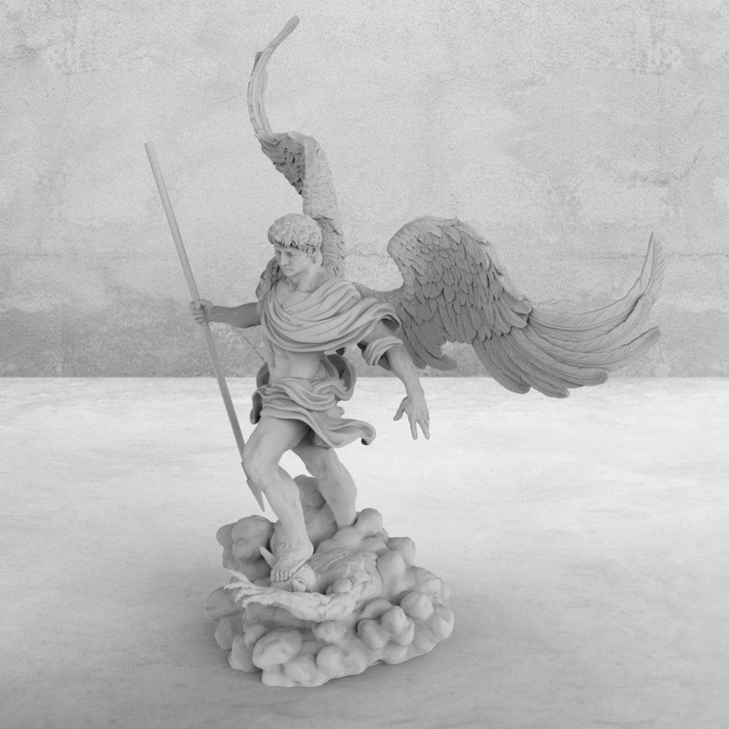 Statue of Archangel with large wings, standing over a defeated demon. Holding a spear, he wears a flowing robe. The base has swirling clouds, symbolizing divinity. Available in multiple finishes.