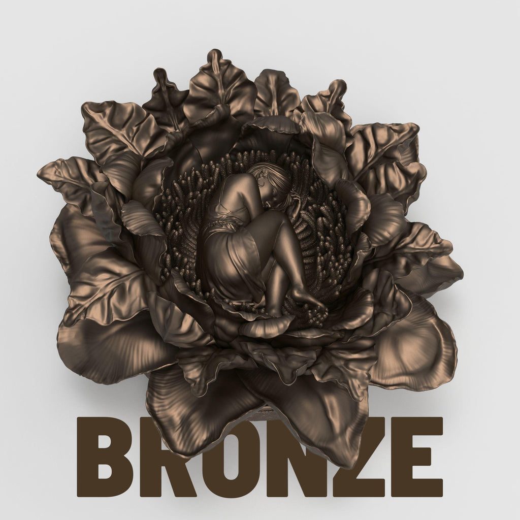 Intricate 3D-printed sculpture of a young woman peacefully curled up and sleeping within the center of a large blooming flower. The figure is detailed with delicate petals and lifelike textures, available in both unpainted and hand-painted versions. The painted model features deep red petals and a pale yellow dress, creating a dreamy, fairytale-like appearance.