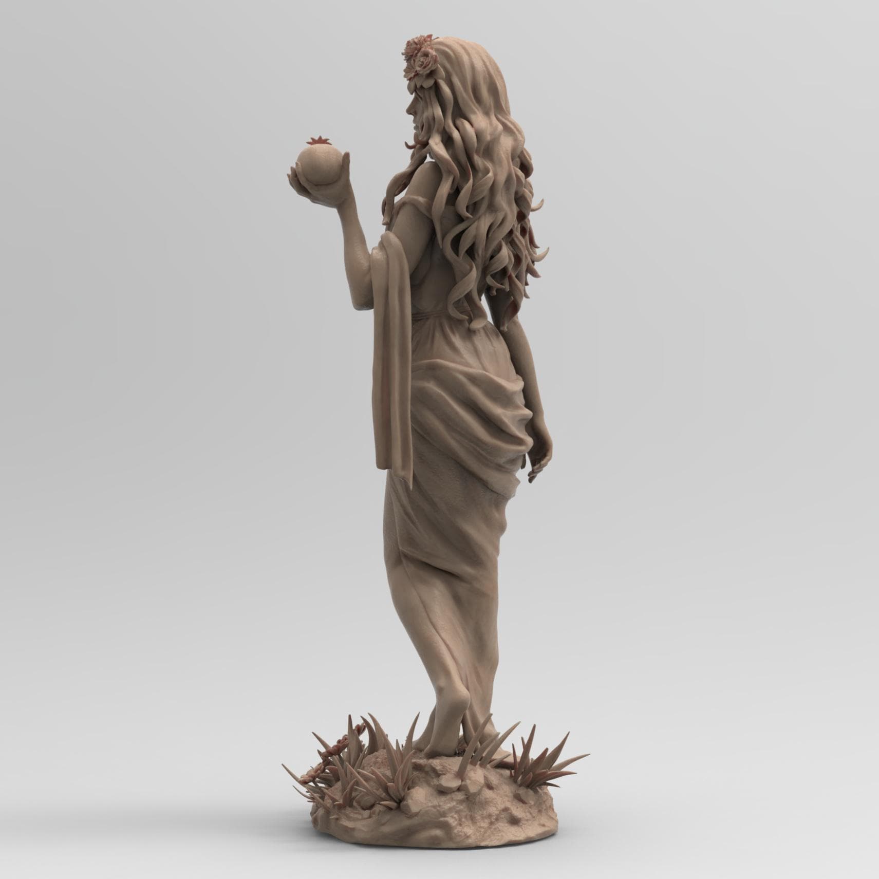 Antique wood-colored statue of a cowboy on horseback, holding a rope and equipped with a rifle and saddle gear, standing on a rugged base with detailed textures.