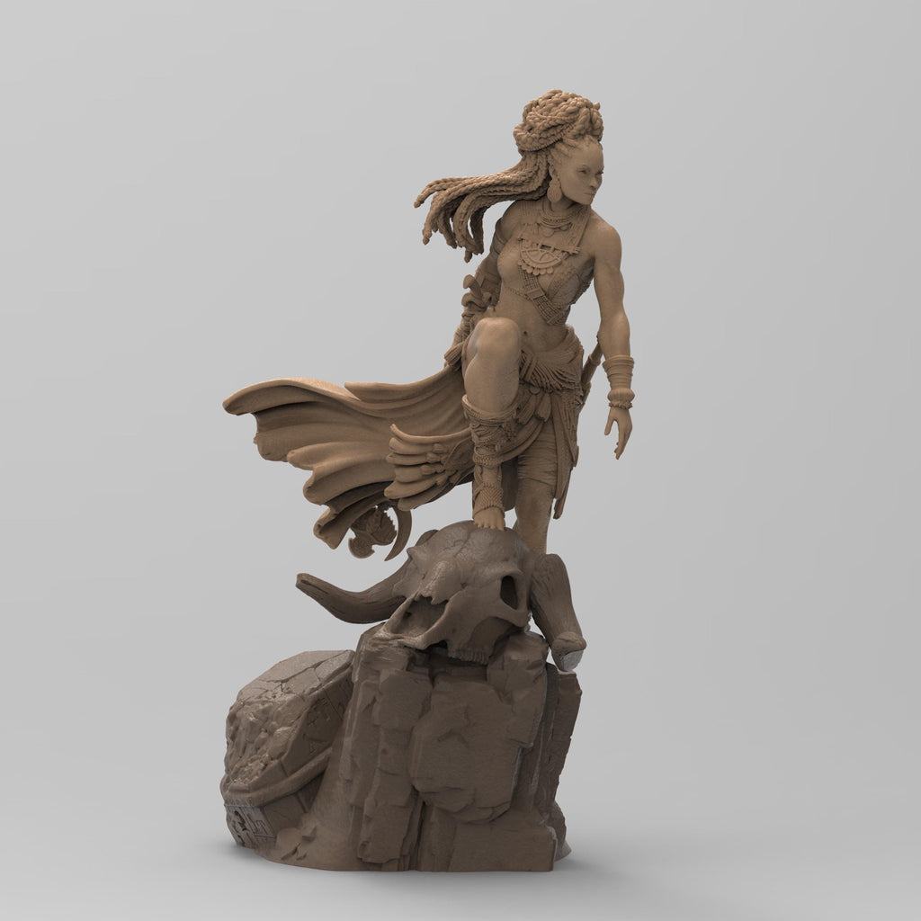 Elzebe, the Warrior Queen, stands atop a rocky skull, exuding strength and regality. Clad in intricate armor, her braided hair flows as she surveys the battlefield. A fierce leader, she embodies resilience and power, a true queen of war and legend.