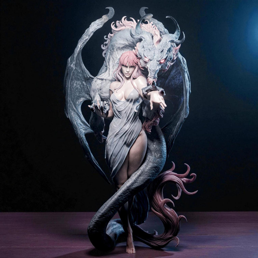 3D-printed Dragon Lady figurine featuring an elegant woman entwined with a majestic dragon. The sculpture blends beauty and power, with intricate textures on the dragon’s wings and scales, and flowing details in the woman’s hair and dress — a captivating fantasy centerpiece symbolizing harmony between strength and grace.
