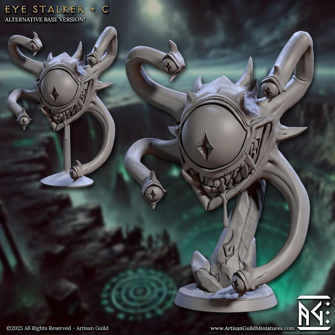 A terrifying collection of floating horrors, the All Seeing Tyrant Eye miniatures feature gaping maws, multiple eye stalks, and twisted grins. Perfect for unleashing arcane chaos upon any tabletop, these resin beasts demand fear and attention alike.