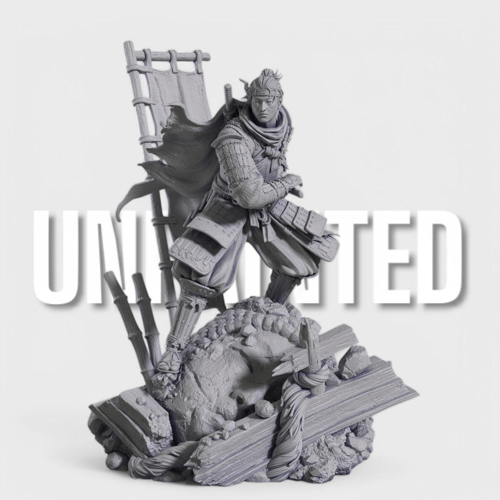 Jin Sakai from Ghost of Tsushima in a dynamic pose, gripping his katana. He wears samurai armor with a flowing scarf and a battle-worn flag behind him. The base features broken structures and rocks, symbolizing the fallen Shogunate era.