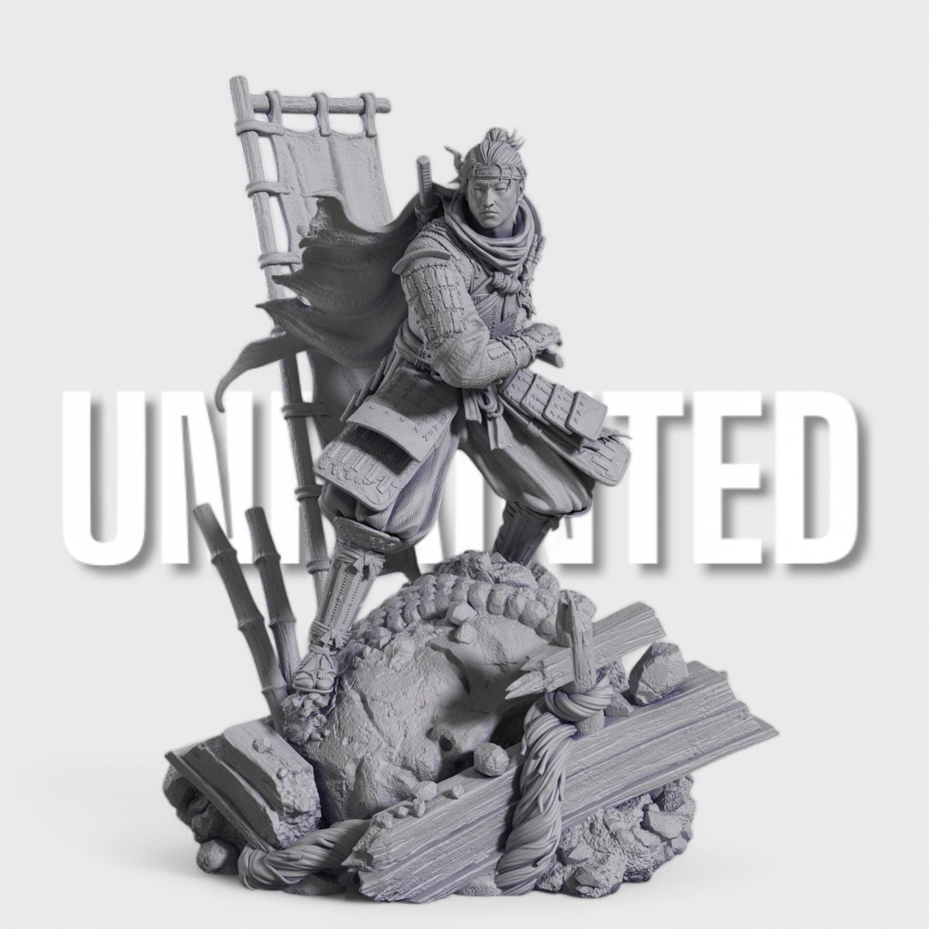 Jin Sakai from Ghost of Tsushima in a dynamic pose, gripping his katana. He wears samurai armor with a flowing scarf and a battle-worn flag behind him. The base features broken structures and rocks, symbolizing the fallen Shogunate era.