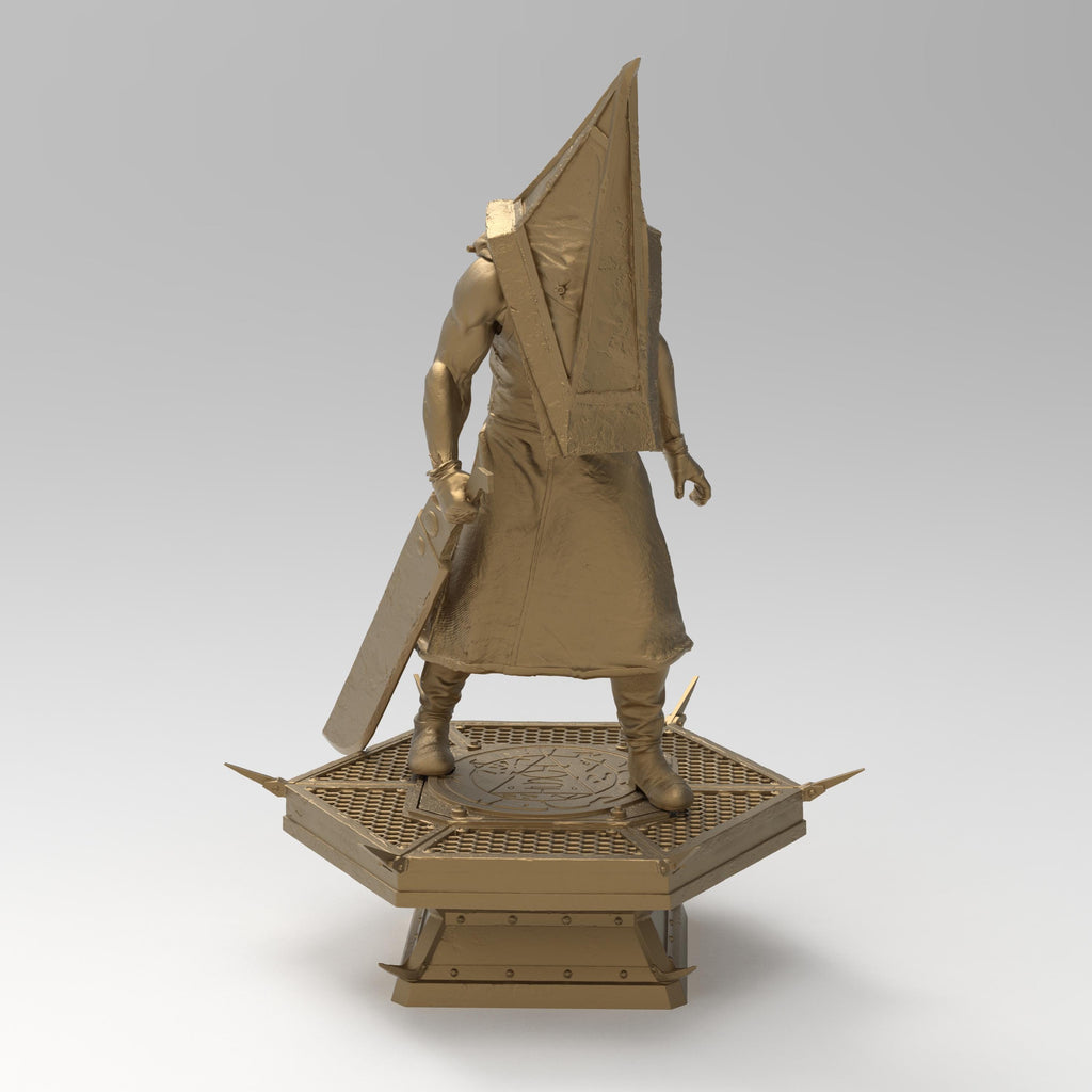 A menacing figure stands on a spiked platform, clad in a long, tattered robe with a massive pyramid-shaped helmet. He grips a large, rusted blade, exuding an aura of terror. Shadows stretch behind him, amplifying his ominous presence.