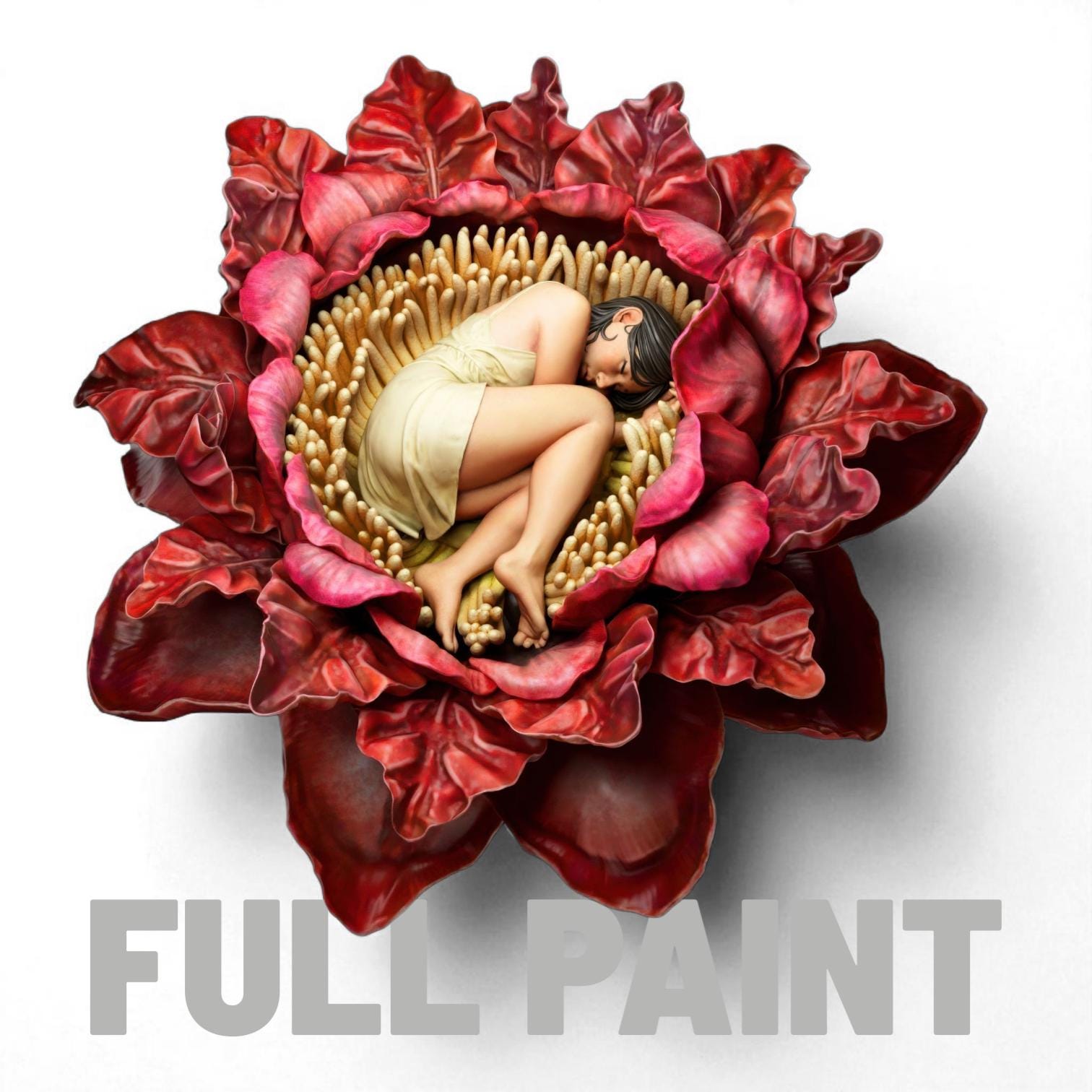 Intricate 3D-printed sculpture of a young woman peacefully curled up and sleeping within the center of a large blooming flower. The figure is detailed with delicate petals and lifelike textures, available in both unpainted and hand-painted versions. The painted model features deep red petals and a pale yellow dress, creating a dreamy, fairytale-like appearance.