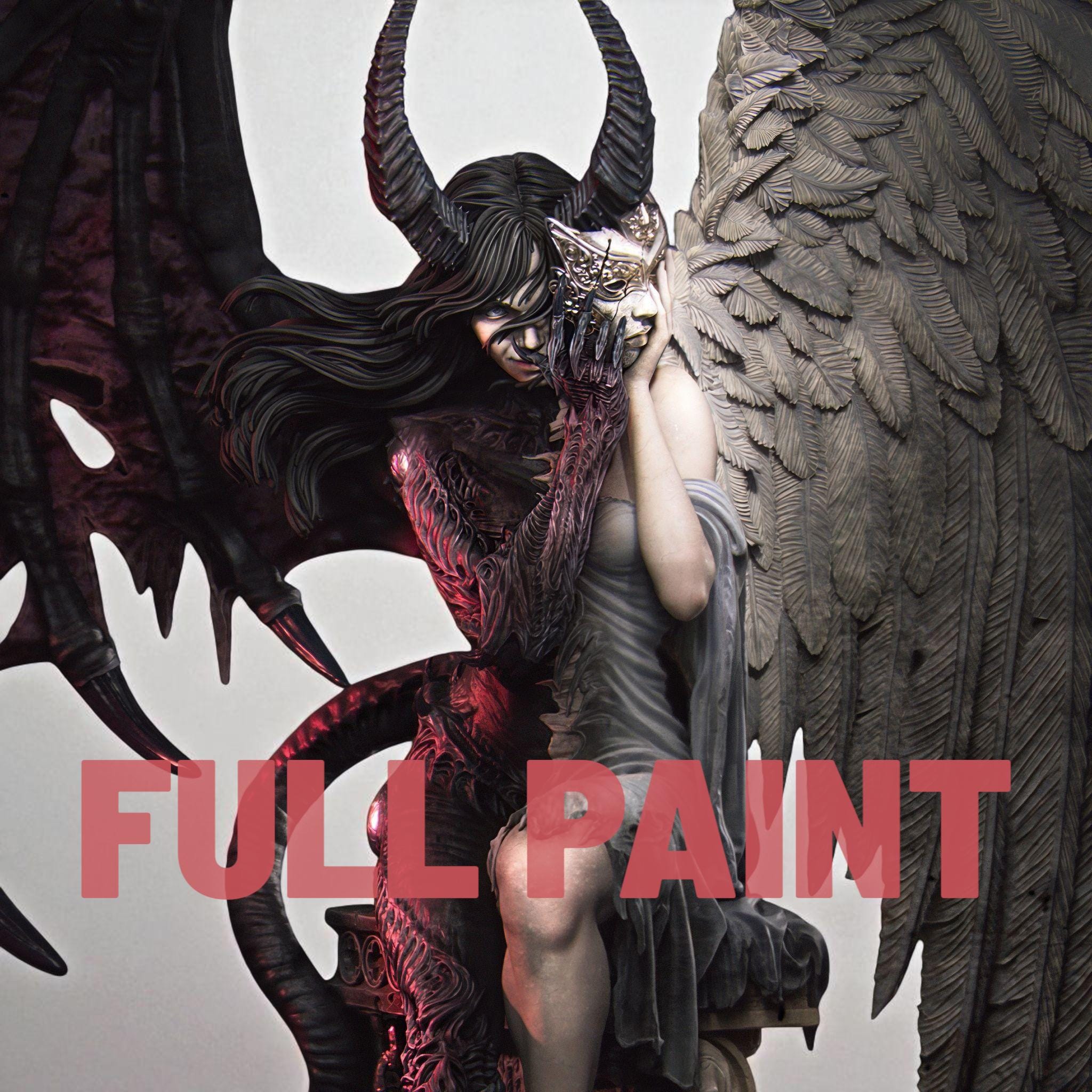 Highly detailed 3D-printed statue titled The Face of Evil, featuring a haunting hybrid figure with dual wings—one angelic and feathered, the other demonic and torn. The character sits on a throne-like structure, covering her face with clawed hands, with ram-like horns and a mix of human and beast features. The base includes crumbling stone, chained limbs, and scattered relics, evoking a dark, mythological aesthetic.