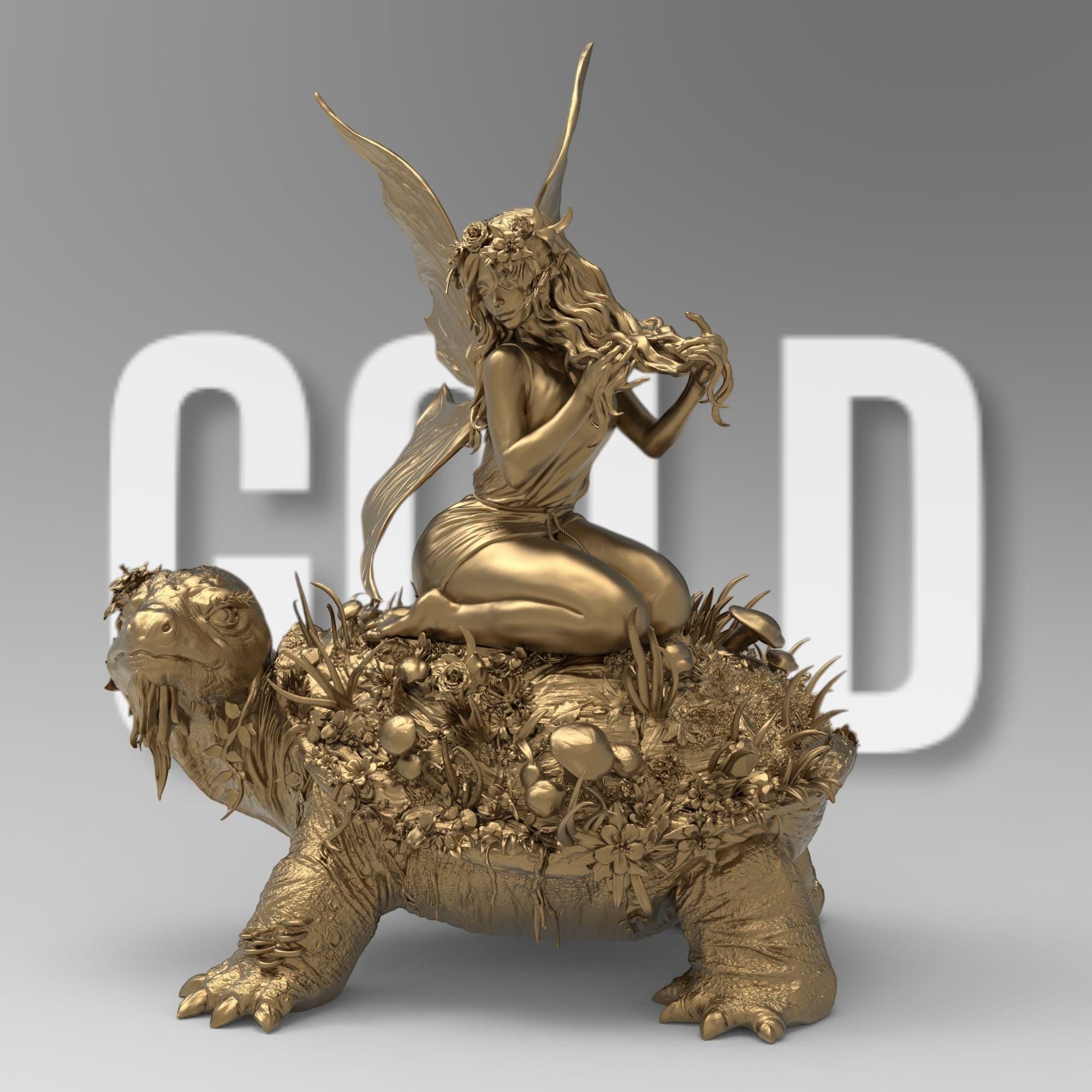 A delicate fairy with flowing hair and floral accessories sits atop a large turtle covered in lush vegetation. She gracefully plays with her hair, her translucent wings extending behind her. The turtle&#39;s wise expression adds to the enchanting scene.