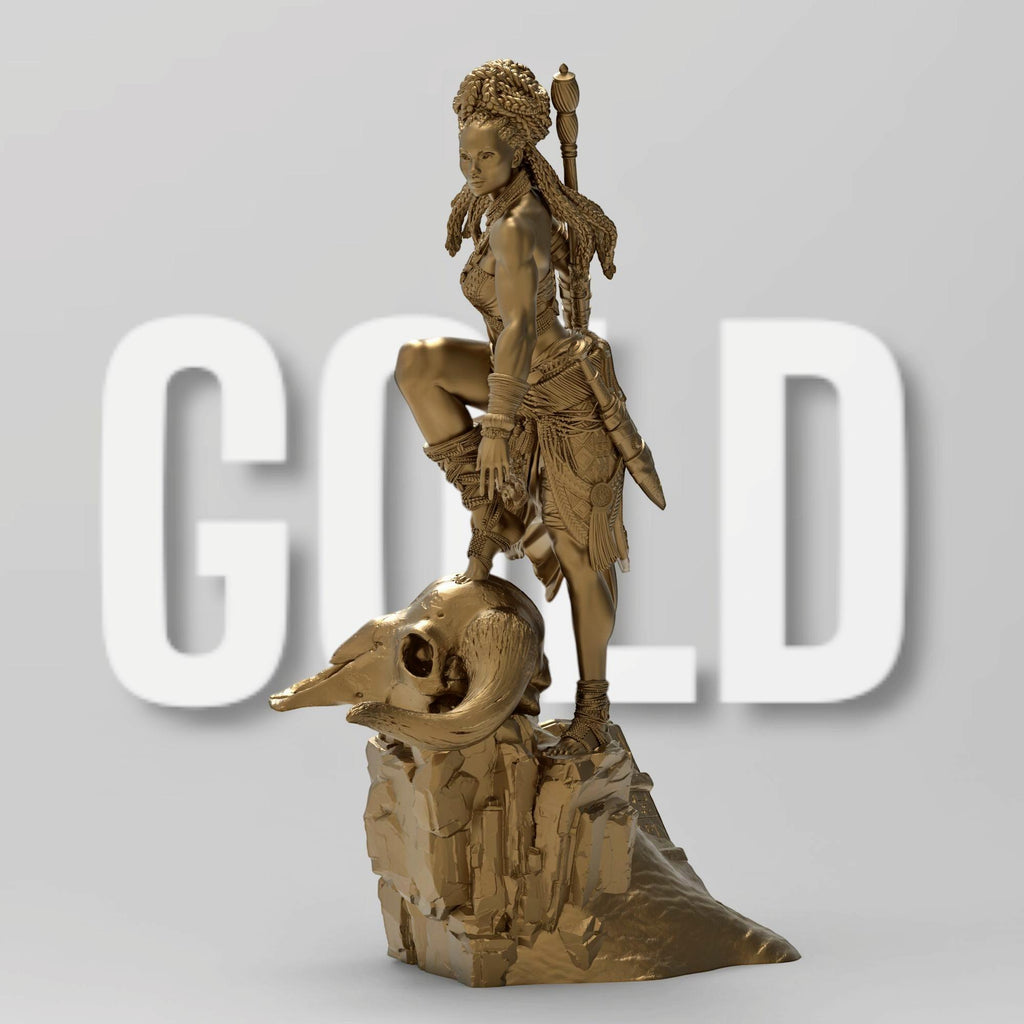 Elzebe, the Warrior Queen, stands atop a rocky skull, exuding strength and regality. Clad in intricate armor, her braided hair flows as she surveys the battlefield. A fierce leader, she embodies resilience and power, a true queen of war and legend.