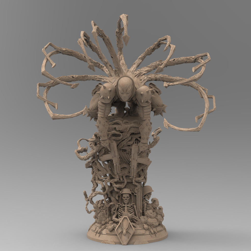 A detailed statue of Venom Agent, posed menacingly atop a chaotic, textured base filled with weaponry and skeletal remains. The figure is covered in spiked armor, with tendrils extending from the back, creating a dynamic and powerful stance.