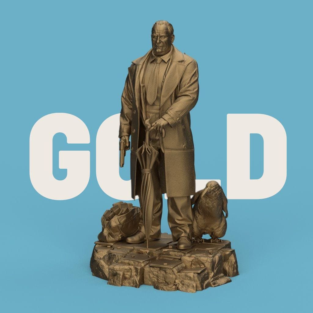 3D-printed figurine of The Penguin Man standing on a textured stone base, holding an umbrella and a gun, with two penguins by his side. The sculpture showcases detailed clothing folds and facial expression, making it ideal for collectors of cinematic or villain-inspired art pieces.