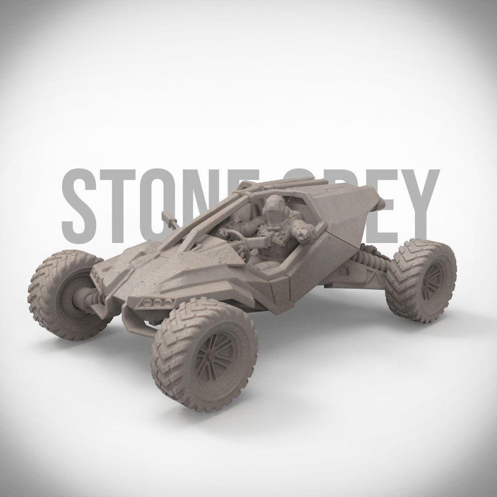 A rugged sci-fi off-road buggy sculpture with intricate detailing and an armed pilot behind the wheel. Trekker is a perfect collectible for vehicle lovers and tabletop gamers. Available in multiple finishes and sizes. A striking addition to any shelf!